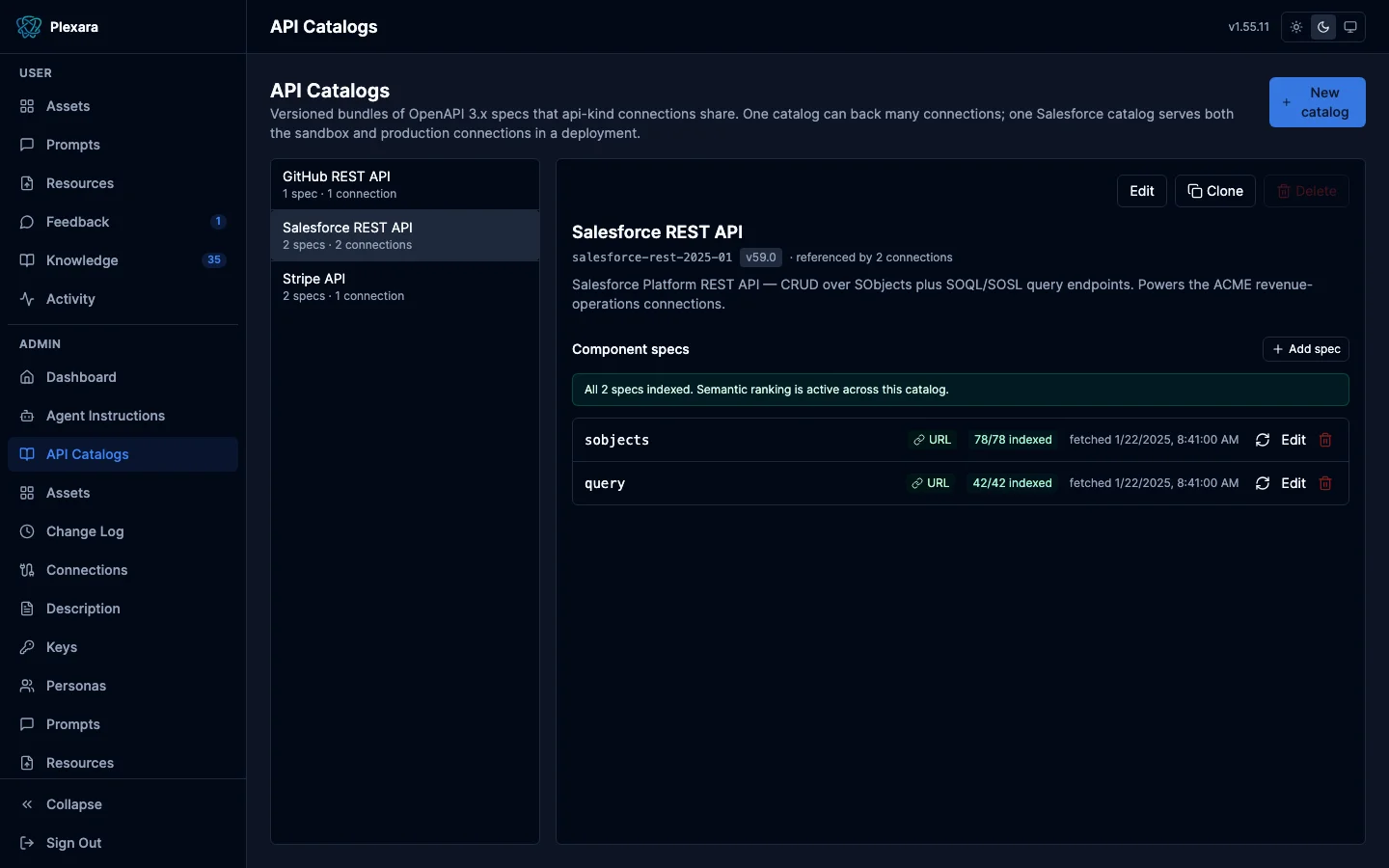 API catalogs list of versioned OpenAPI specs that connections reference