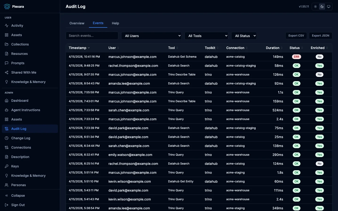 Audit event log with searchable rows and a detail drawer for a selected call