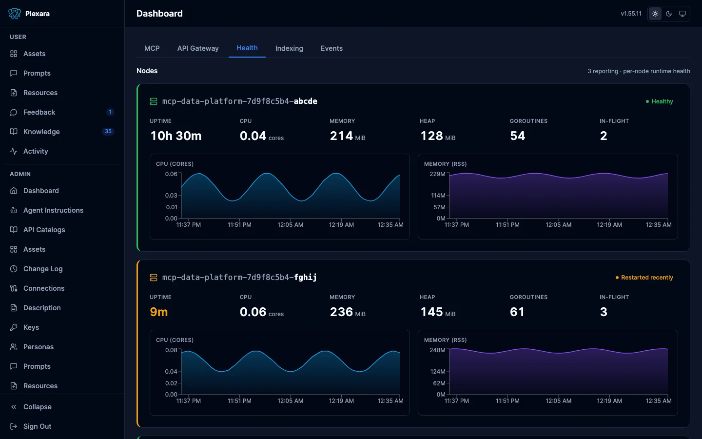 Per-node fleet health with uptime, CPU, memory, heap, and goroutine metrics