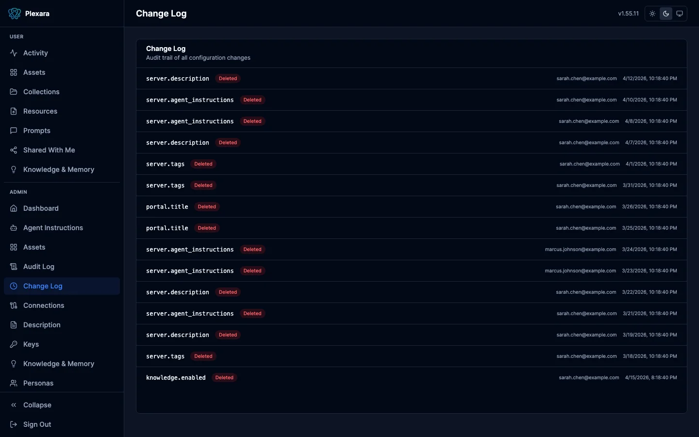 Admin changelog with structured release entries