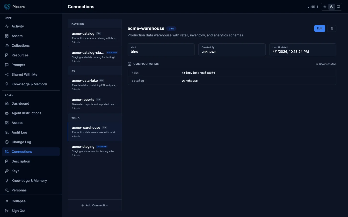 Admin connections showing upstream data sources with health, credentials, and policies
