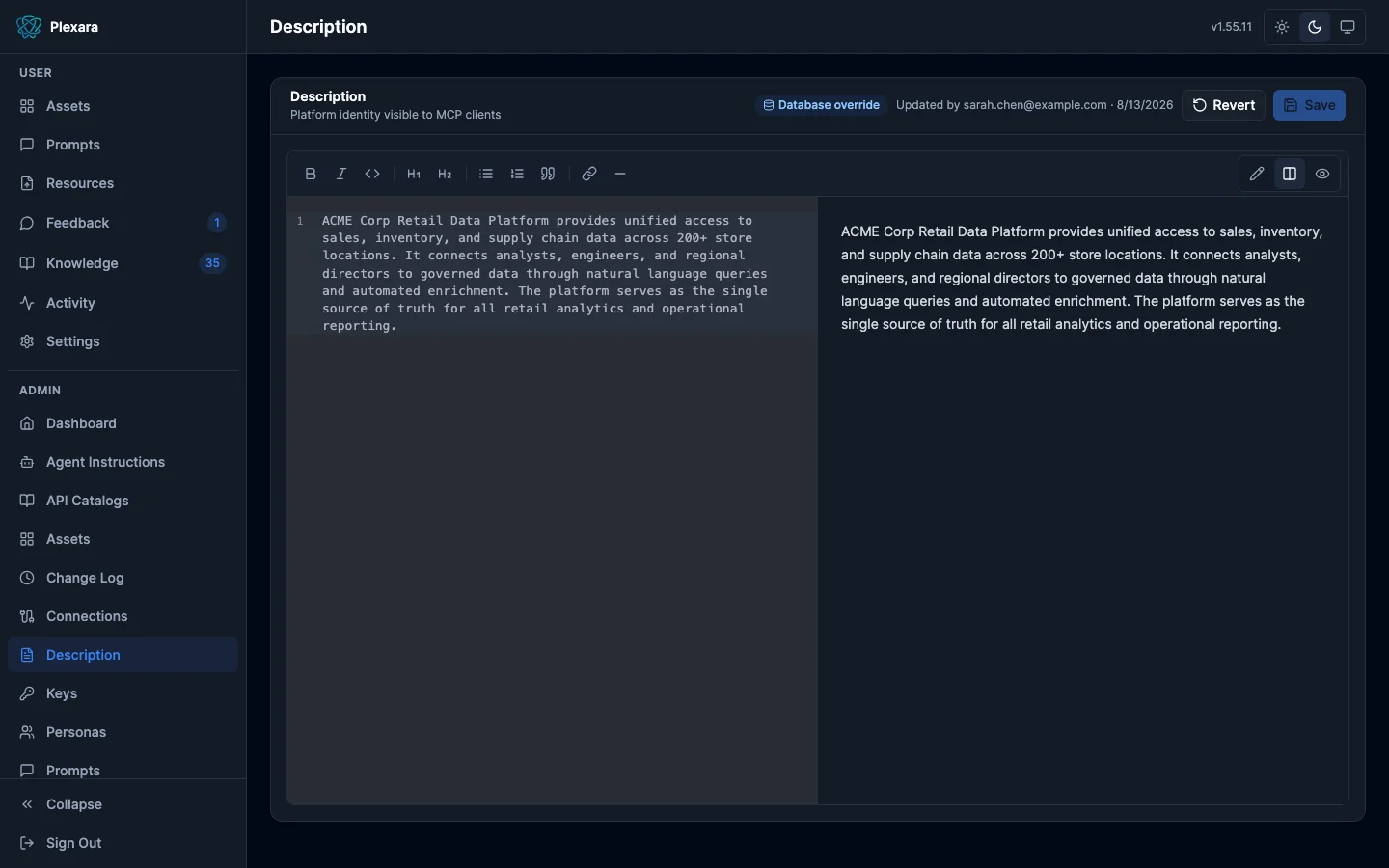 Description page with a split markdown editor showing source and live preview