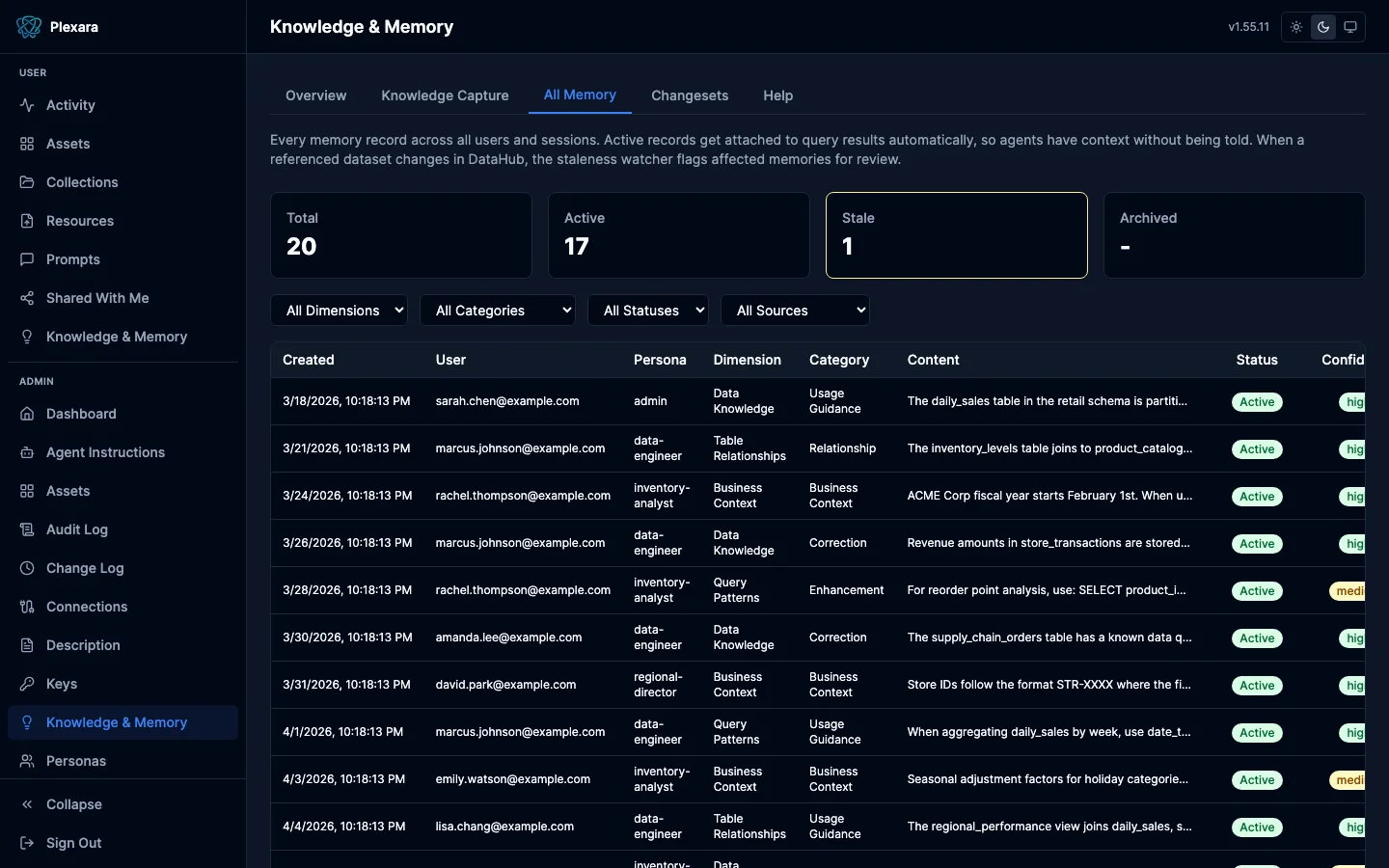 Memory administration showing stored entities, relationships, and recall metrics