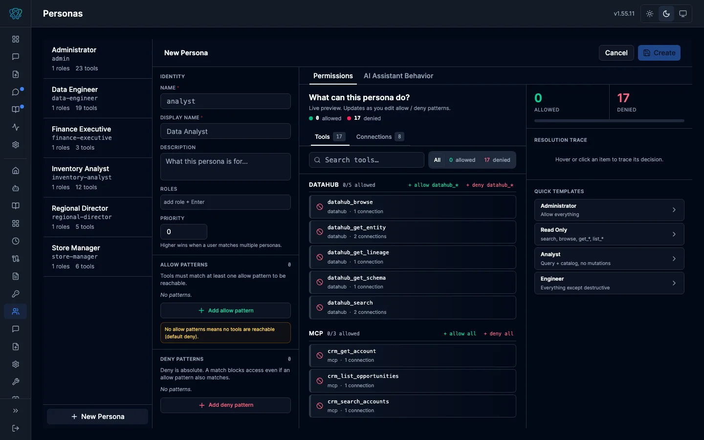 Persona editor with an identity panel beside a live permissions explorer showing resolved tools and a rule trace