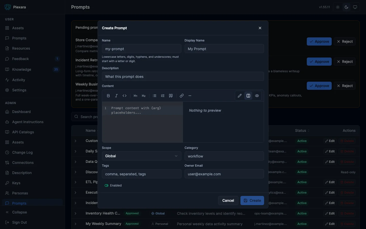 Prompt create form with a markdown editor, auto-extracted arguments, scope selector, and persona targeting
