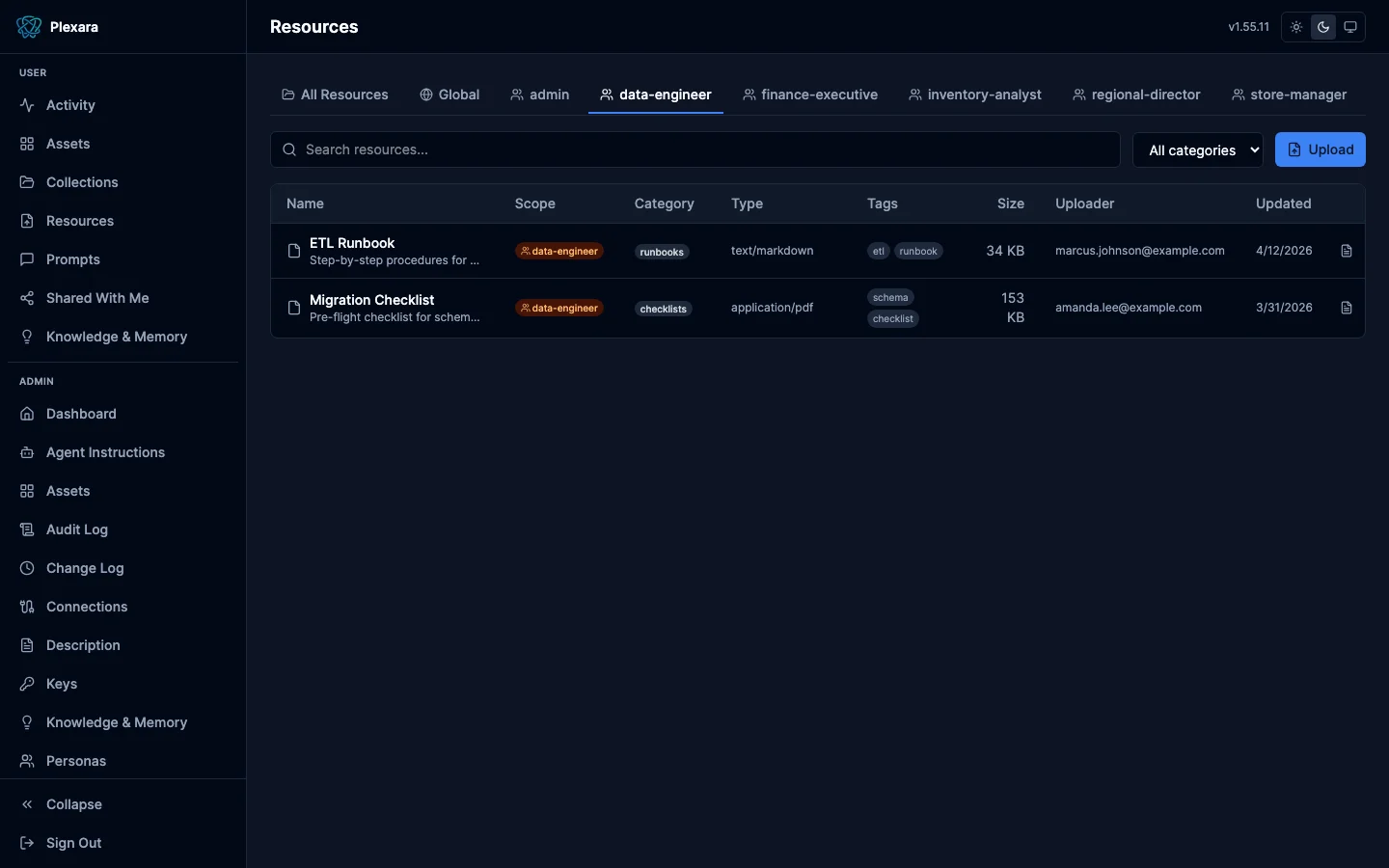 Admin resources view with managed files, brand assets, and reference documents