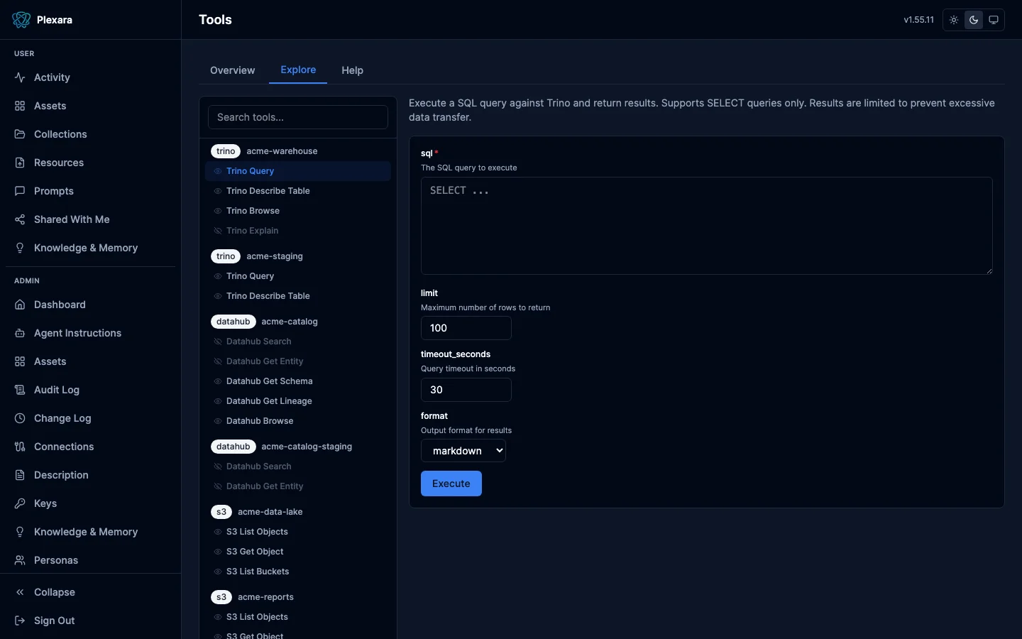 Tool explorer with dynamic parameter form and live response