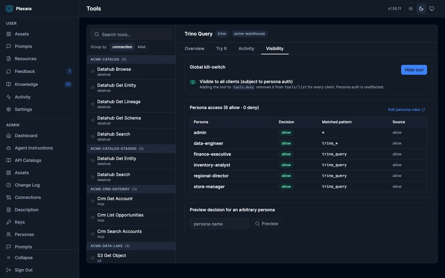 Tool visibility tab with a platform-wide deny toggle and a per-persona access preview