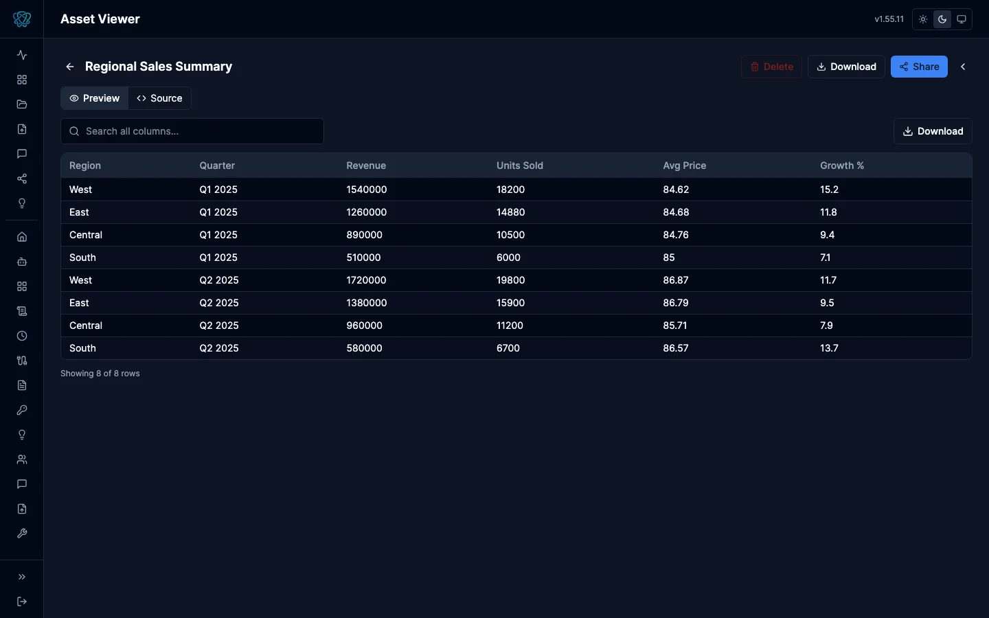 CSV asset preview with tabular data