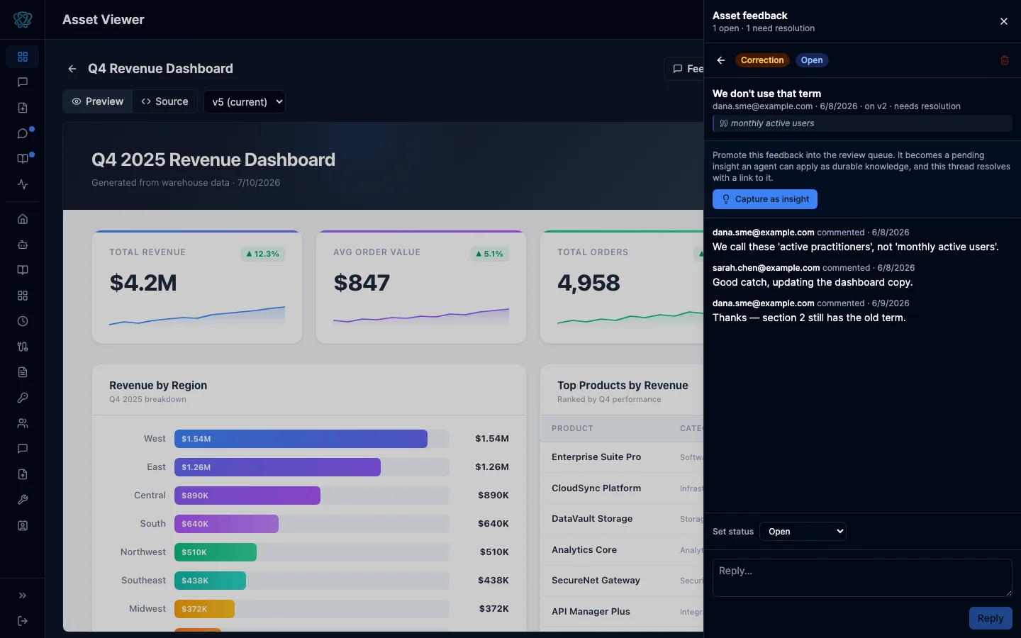 Feedback thread on an asset with a timeline, replies, and status actions