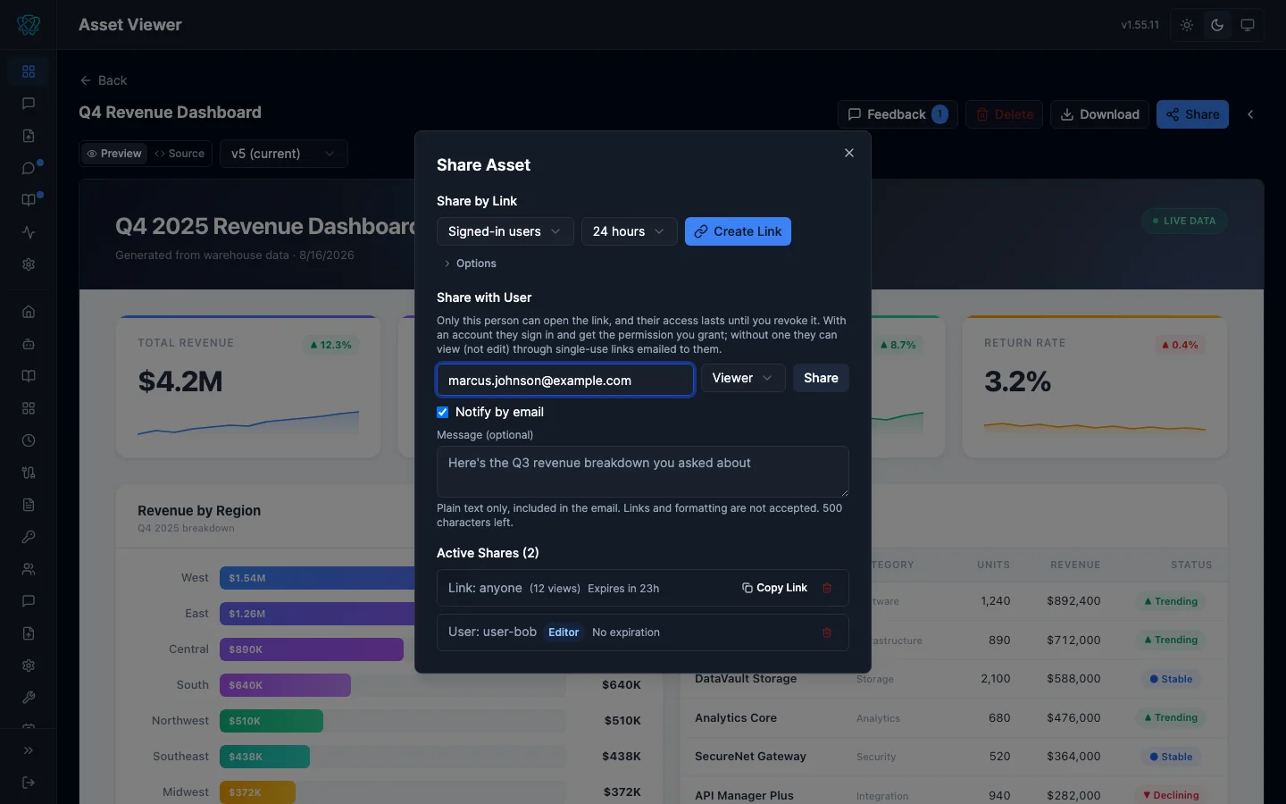 Share dialog with a named recipient at Viewer permission, notify-by-email, an optional message, and two active shares