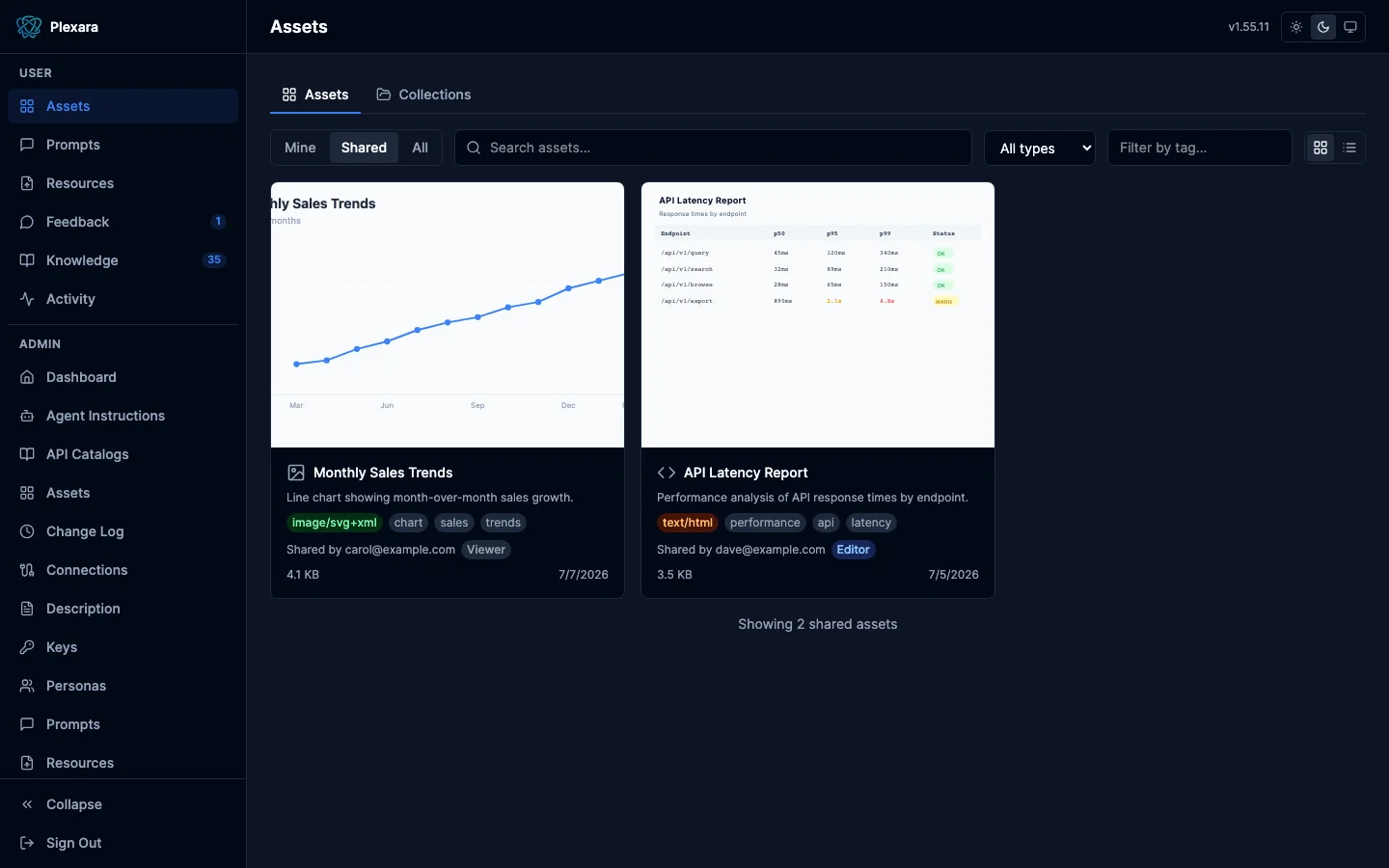 Assets page with the Shared filter active, showing sharer email and viewer or editor access