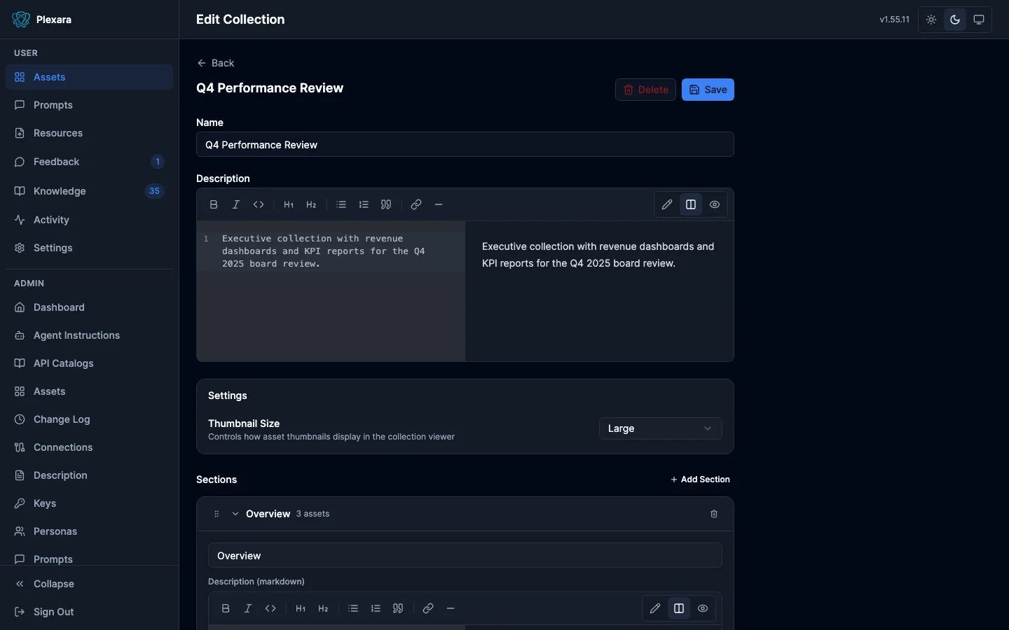 Collection editor with drag-and-drop sections, markdown descriptions, and thumbnail size settings