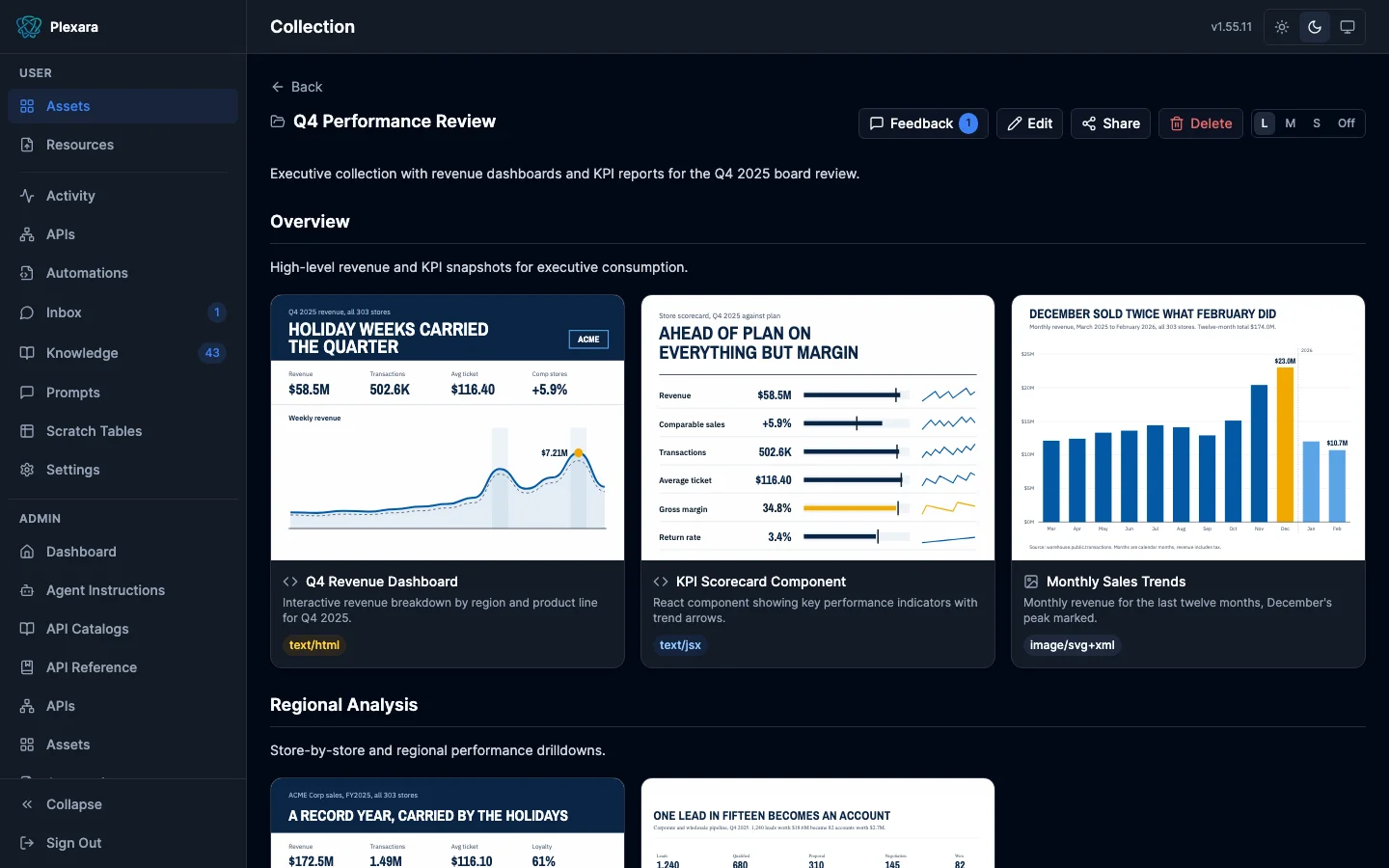 Collection viewer rendering sectioned asset cards with markdown descriptions and thumbnail previews