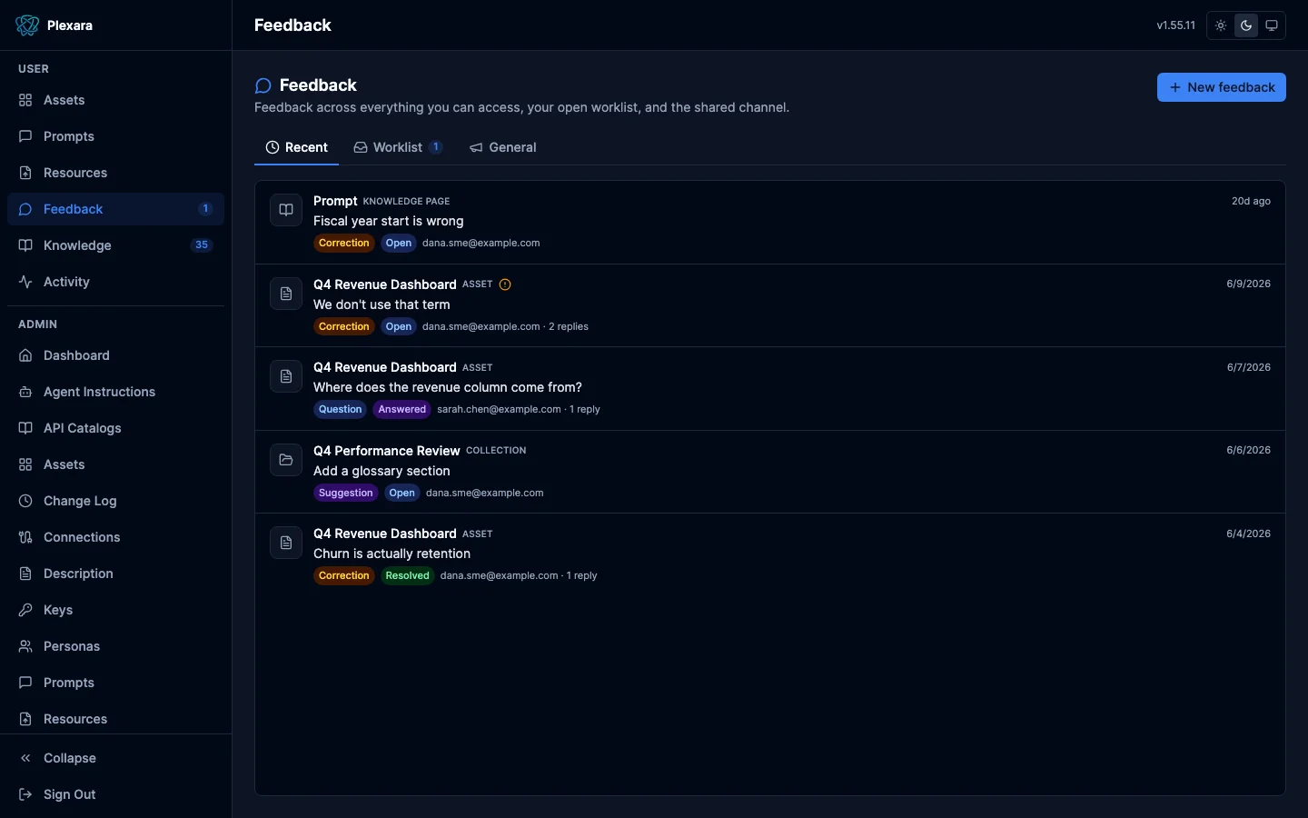 Feedback hub listing threads across assets, collections, and prompts with status