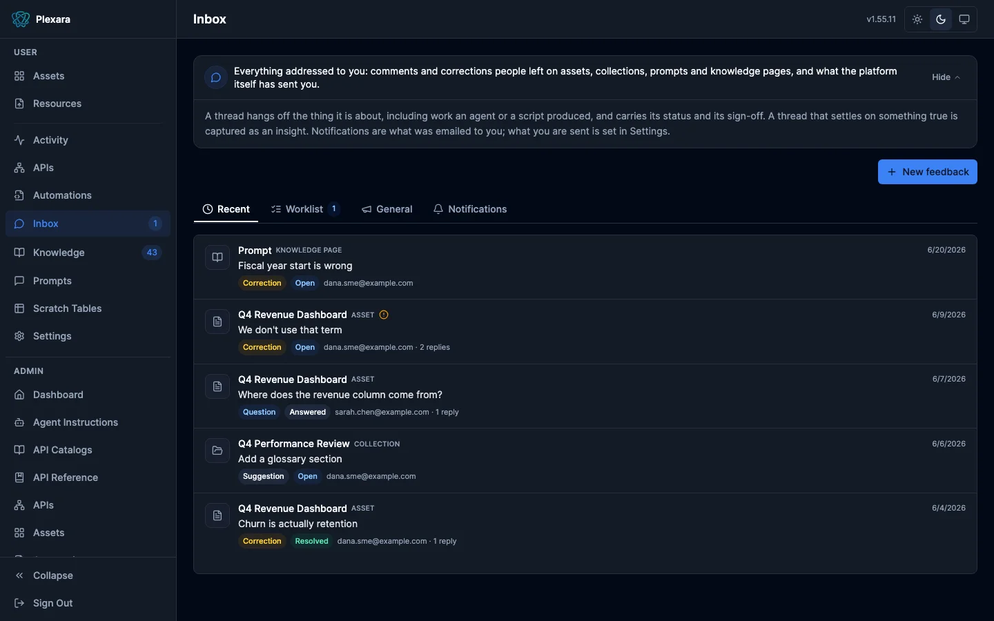 Inbox with Recent, Worklist, General, and Notifications tabs and a New feedback button, listing threads on a knowledge page, assets, and a collection with their kind, status, author, and reply count