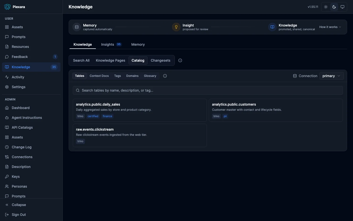 Catalog sub-tab with Tables, Context Docs, Tags, Domains, and Glossary inner tabs, a connection picker, and searchable table cards