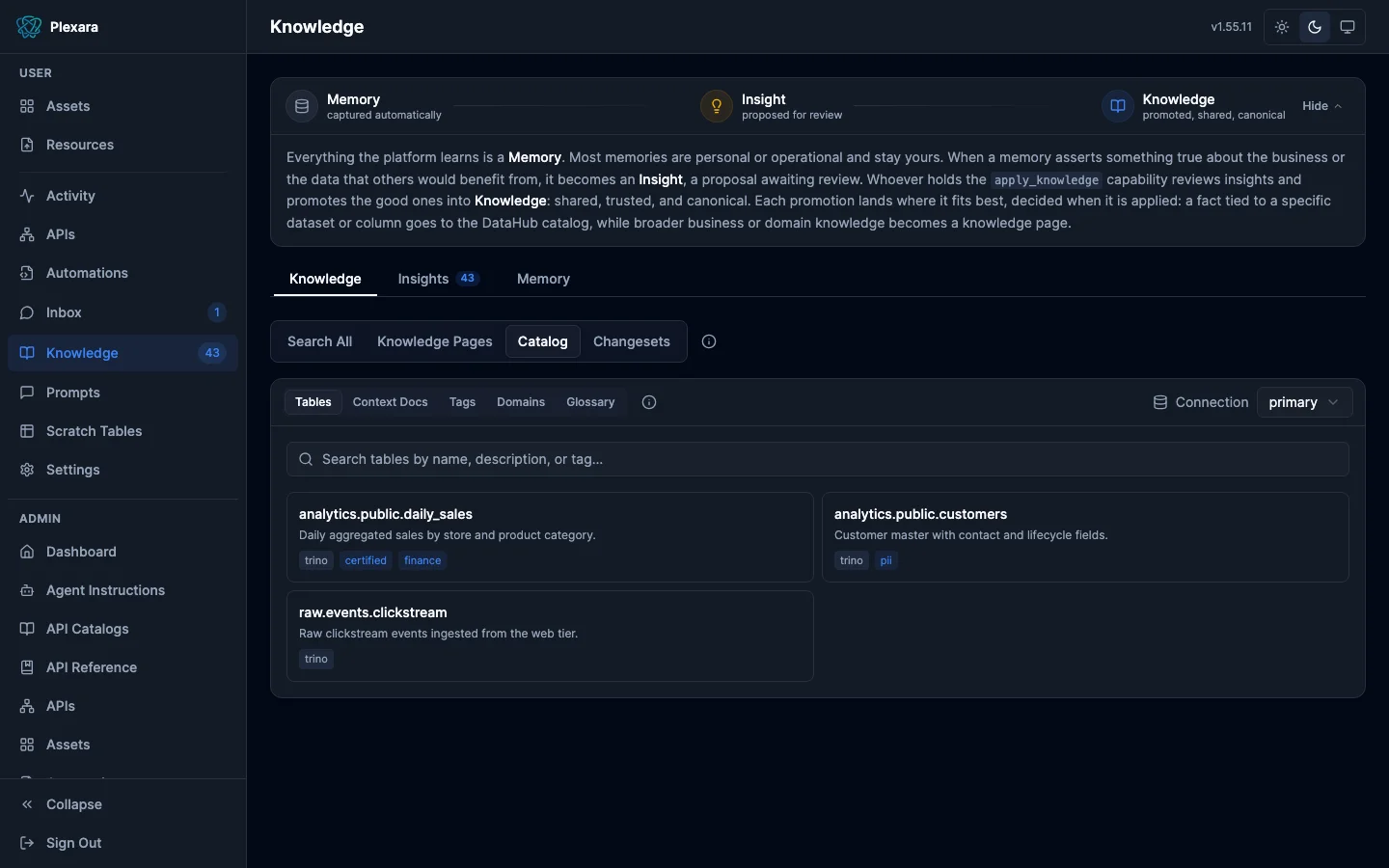 Catalog sub-tab with Tables, Context Docs, Tags, Domains, and Glossary inner tabs, a connection picker, and searchable table cards