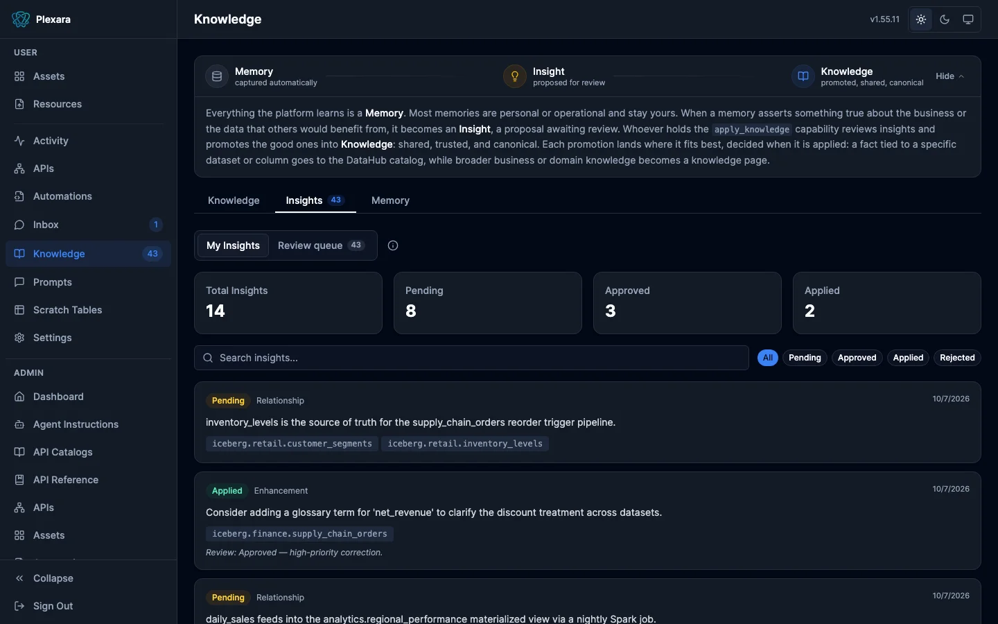 Insights list showing each captured insight with its status and category