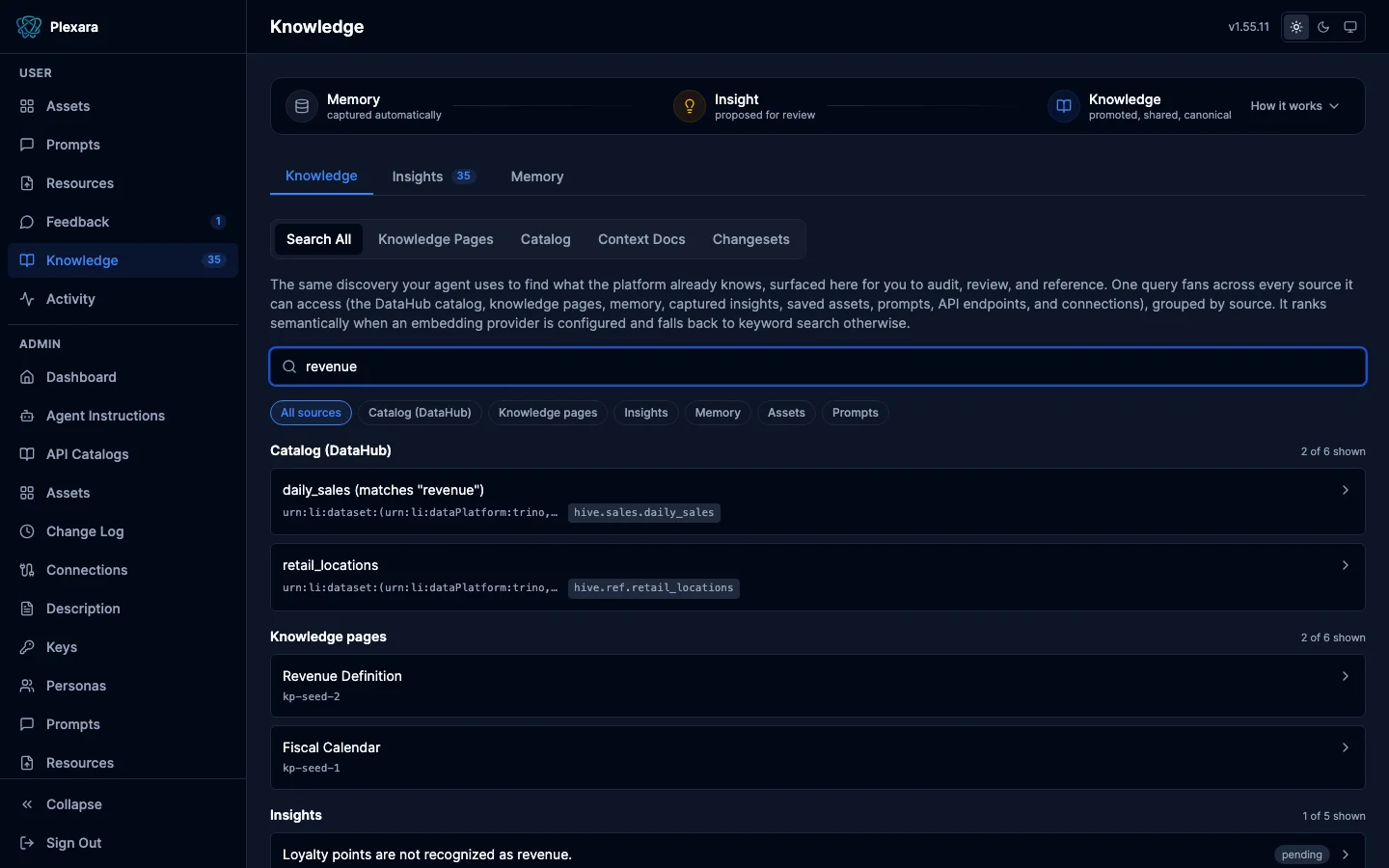 Unified search across catalog, knowledge pages, memory, insights, assets, prompts, and connections