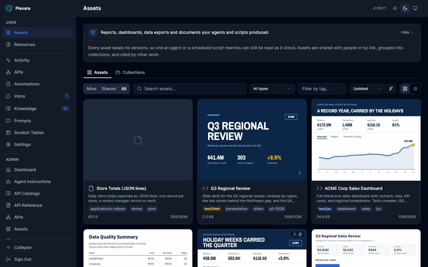 Assets page with Mine, Shared, and All scopes, search, type and tag filters, a sort control, a grid or list toggle, and a grid of preview thumbnails including a slide deck and a dashboard