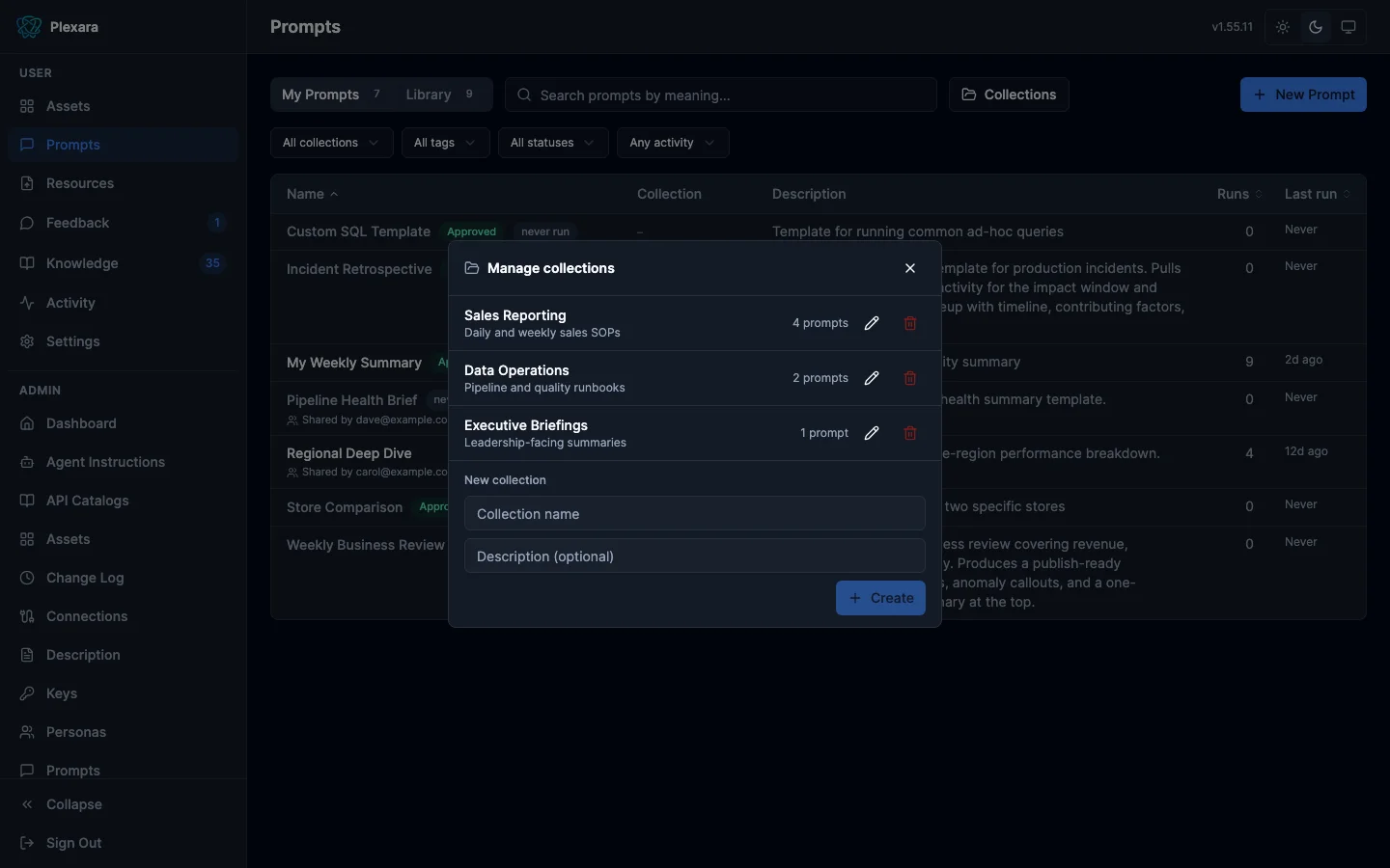 Prompt collections manager listing named groups with descriptions and prompt counts