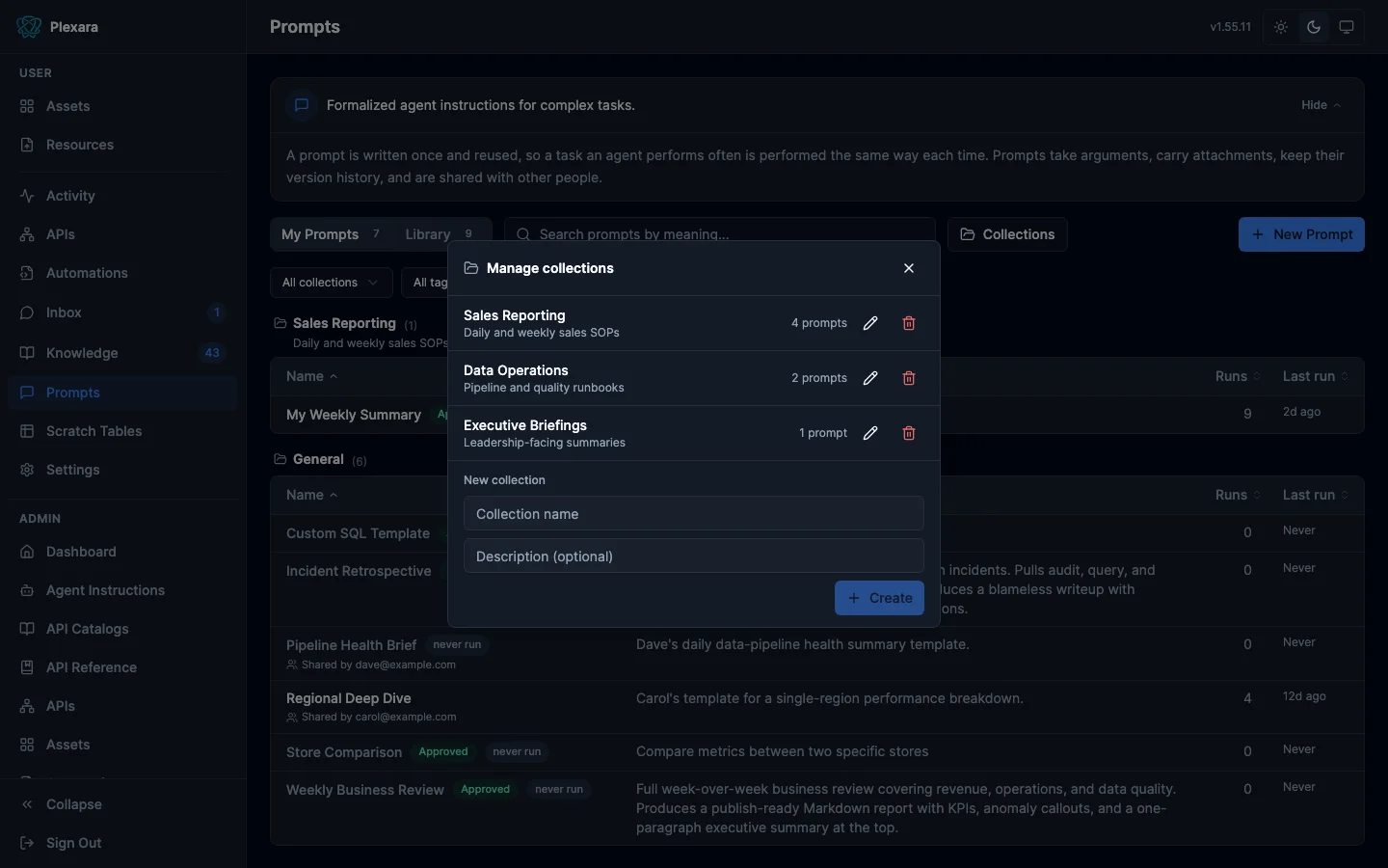 Prompt collections manager listing named groups with descriptions and prompt counts