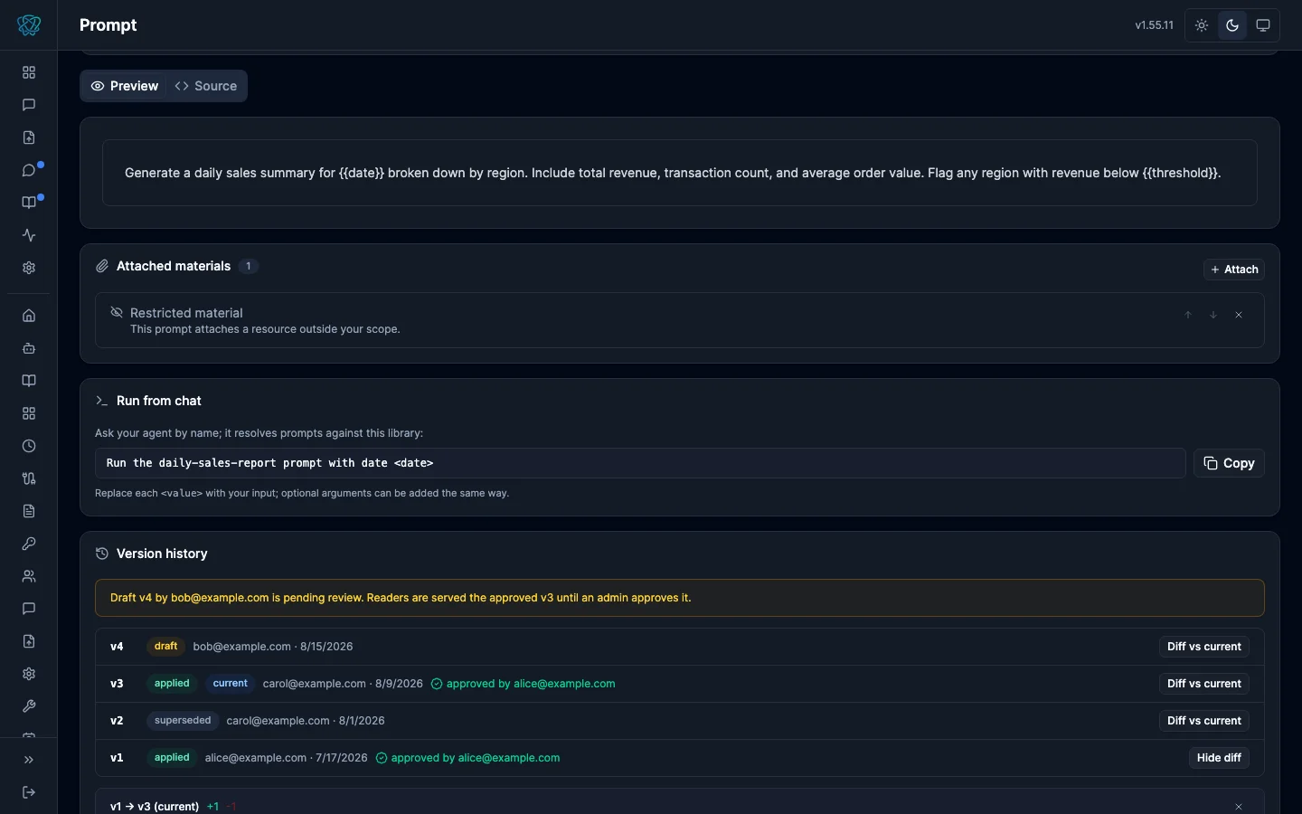 Prompt version history with per-version approval provenance, a pending-draft banner, and an expanded line diff