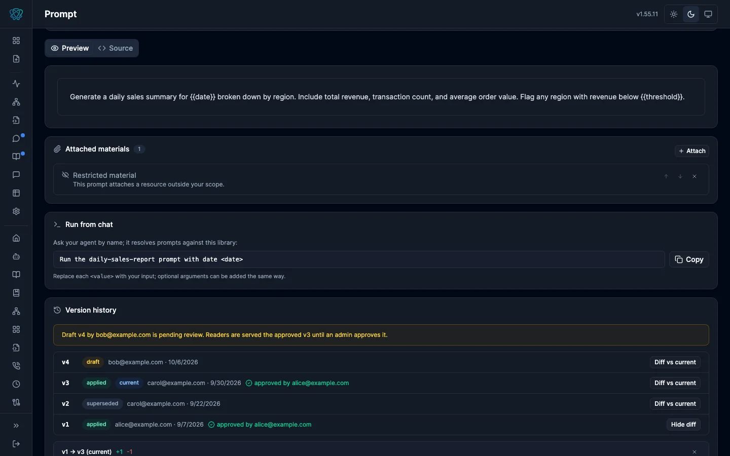 Prompt version history with per-version approval provenance, a pending-draft banner, and an expanded line diff