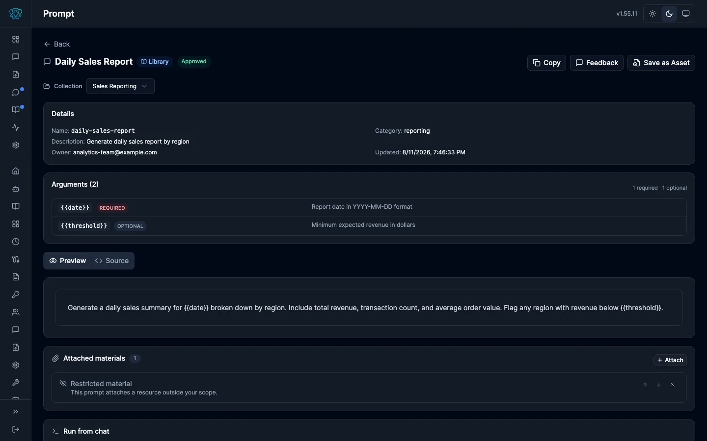 Prompt page with details, a typed arguments table, rendered content, attached materials, and run-from-chat