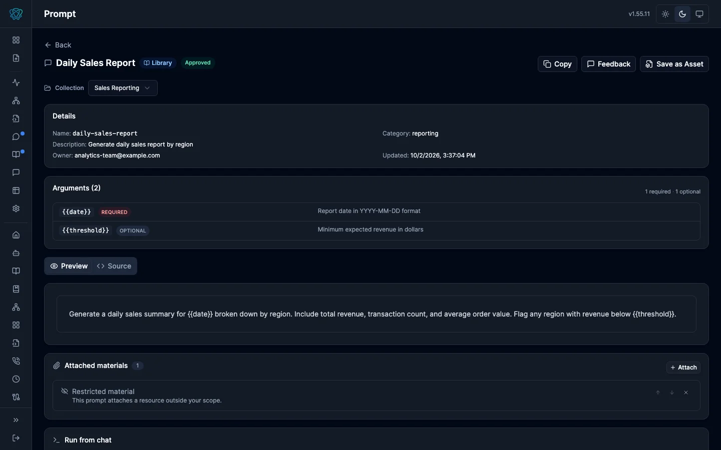 Prompt page with details, a typed arguments table, rendered content, attached materials, and run-from-chat