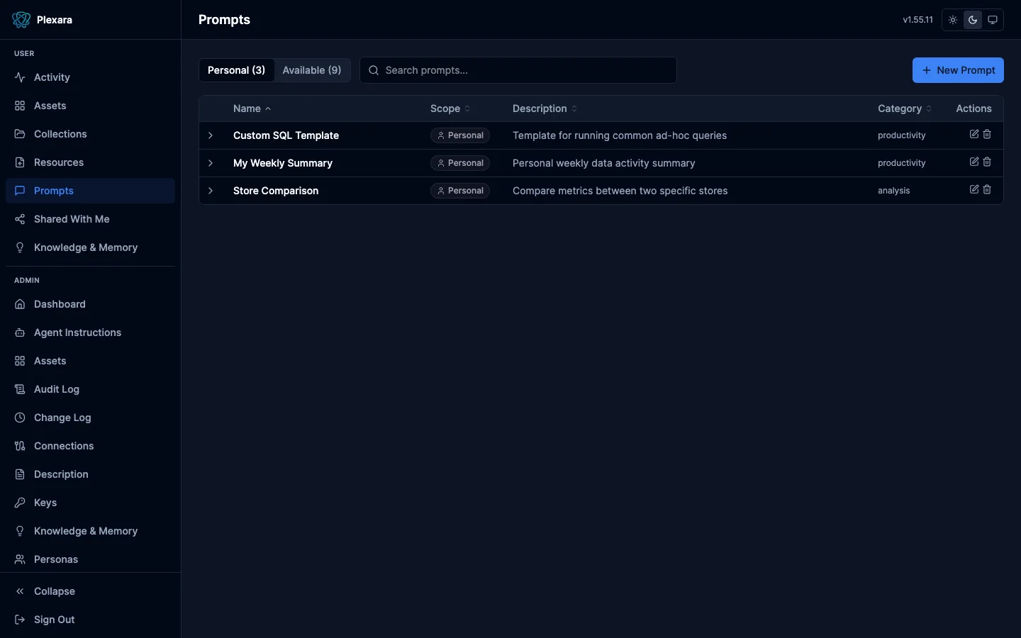 User prompts surface with runnable templates and argument forms