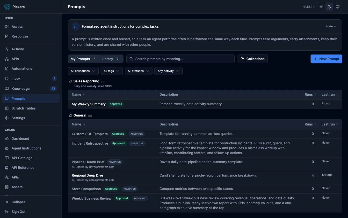 Prompts page showing the My Prompts bucket with scope badges and shared-by attribution