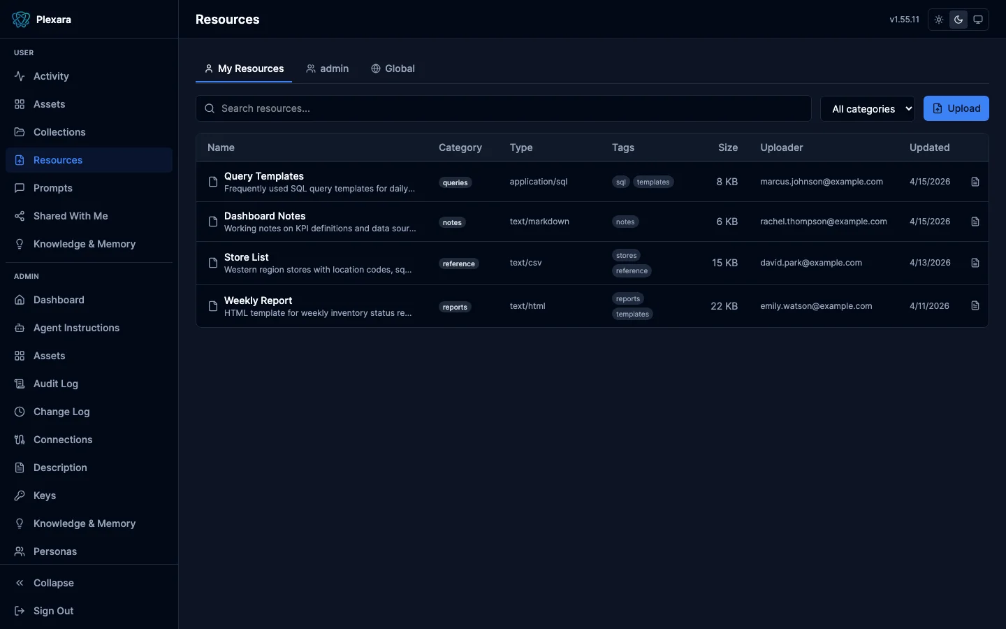 User resources list with discoverable reference materials