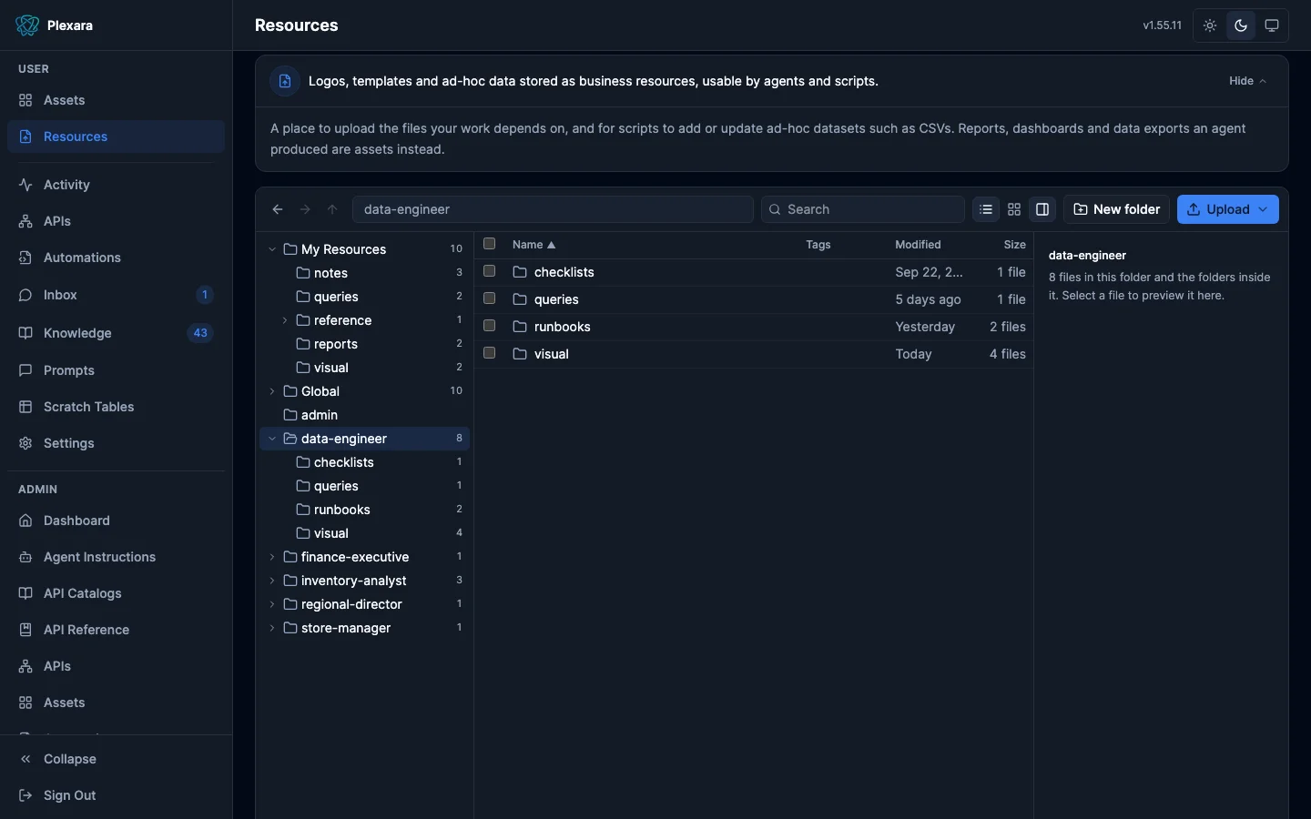 Resources page laid out as a file manager: a folder tree of personal, global, and persona folders, the open folder’s contents with modified dates and sizes, a preview pane, and New folder and Upload controls