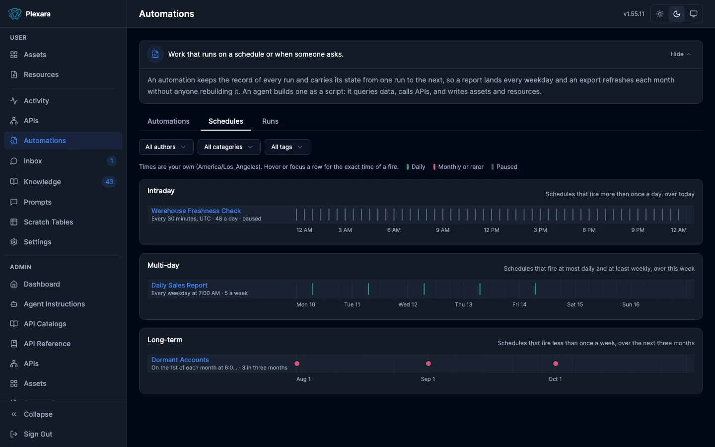 Schedules tab drawing fires in three bands: Intraday with a paused check every 30 minutes, Multi-day with a report every weekday at 7:00 AM, and Long-term with a monthly job on the first of each month