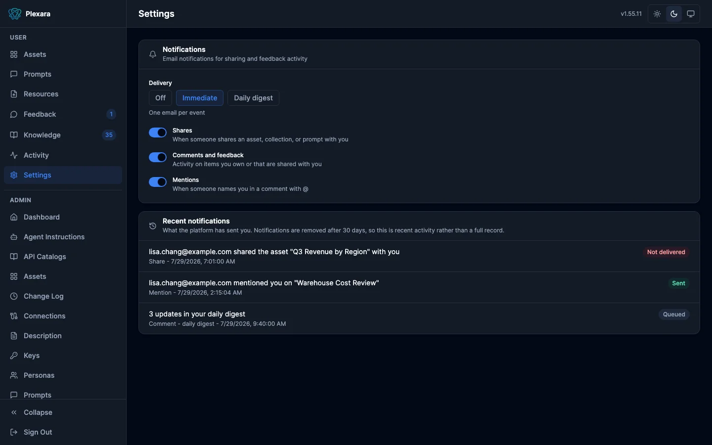 Settings page with notification delivery modes, per-category toggles, and a recent notifications list with delivery status