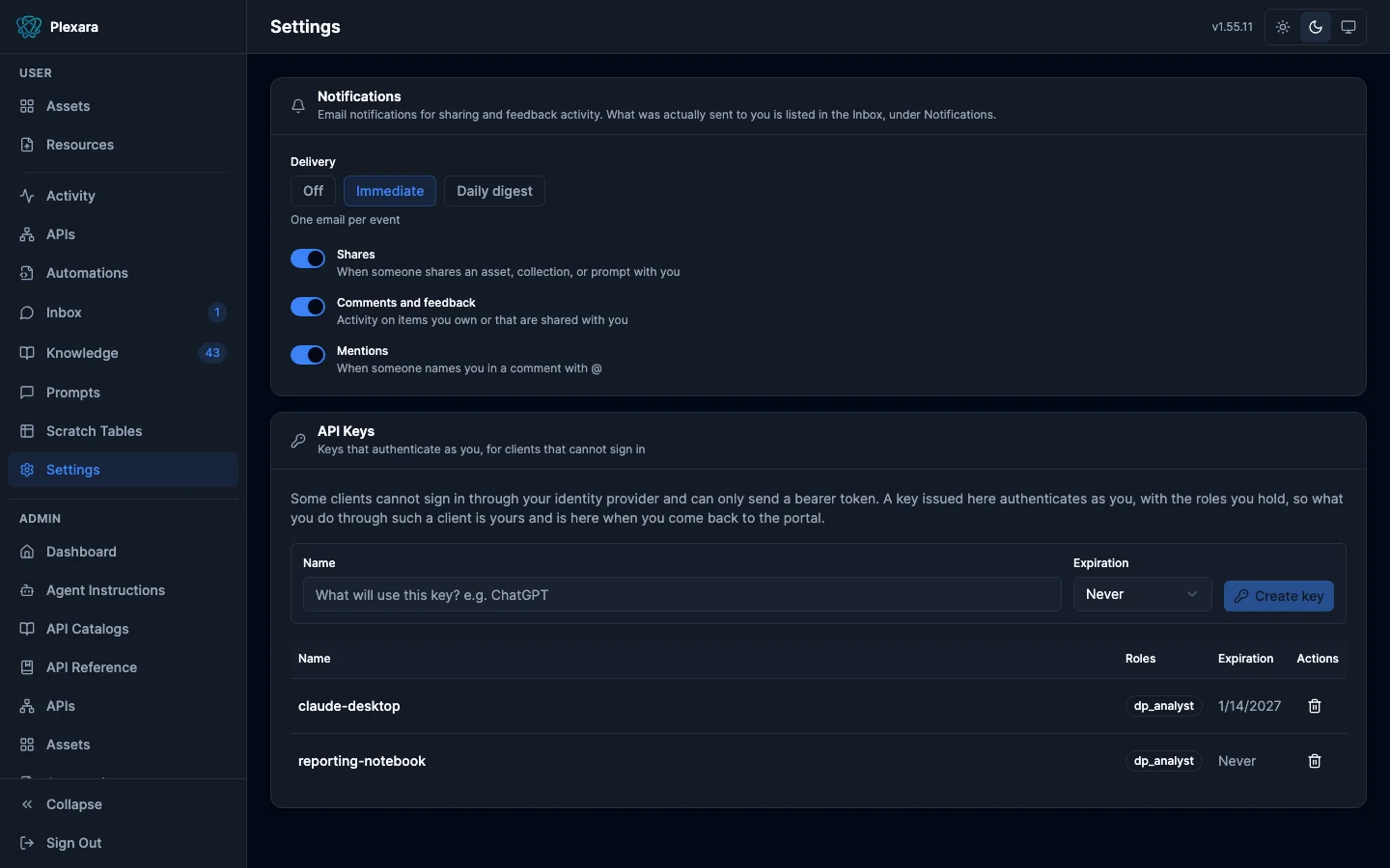 Settings page with notification delivery set to Immediate, toggles for shares, comments and feedback, and mentions, a note that sent notifications are listed in Inbox, and an API Keys section for issuing a key