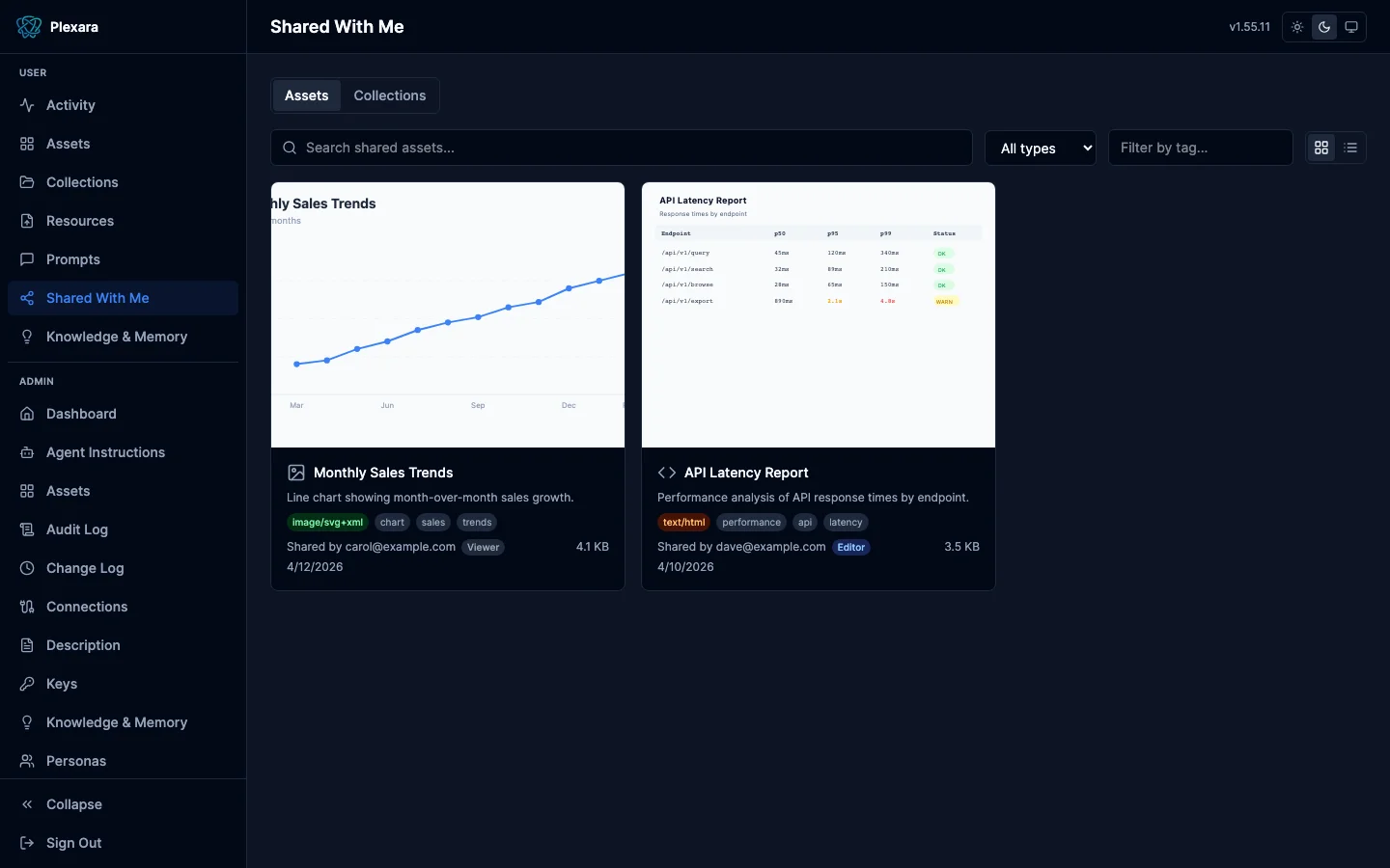 Shared surface listing team-published assets and collections
