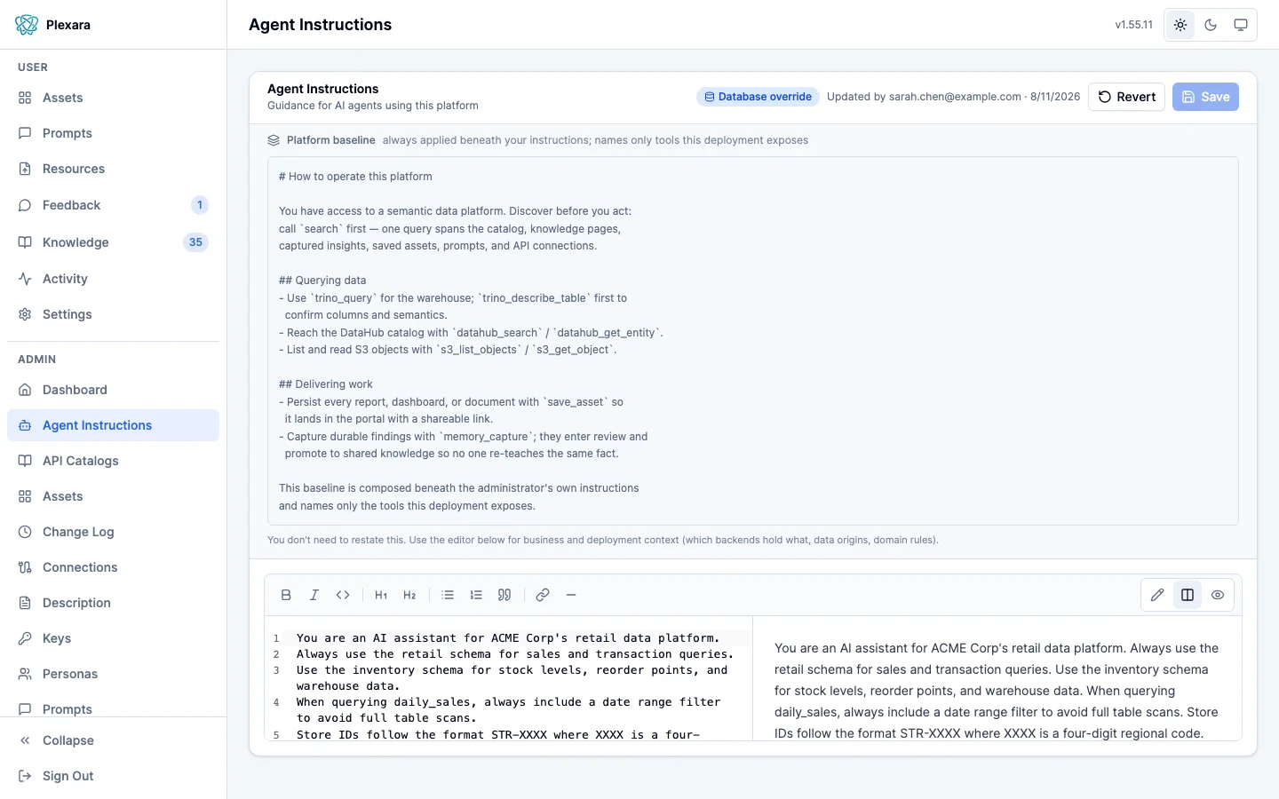 Agent Instructions split markdown editor with live preview and the read-only platform baseline above it