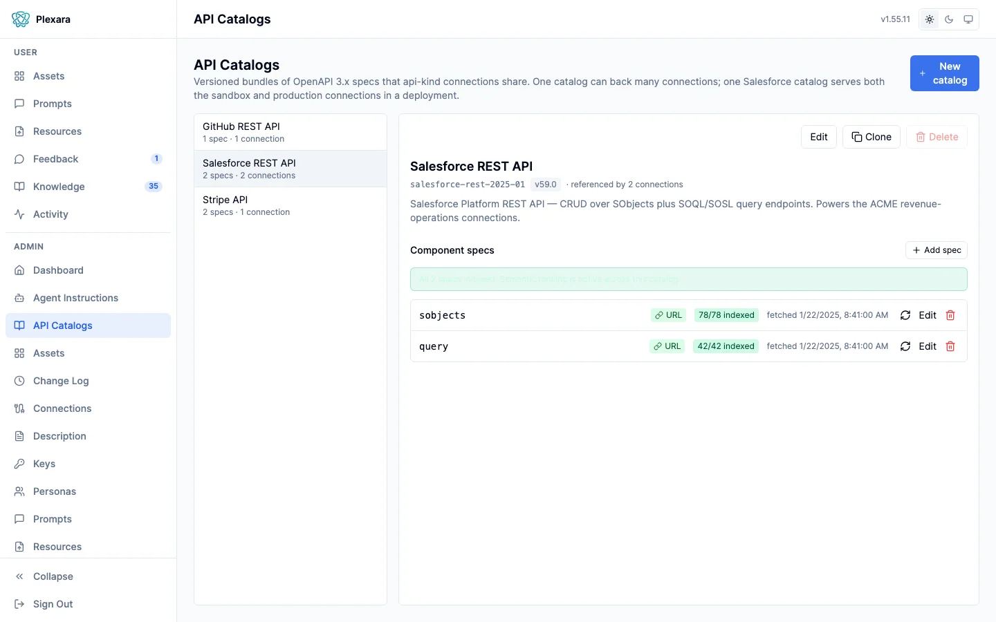 API catalogs list of versioned OpenAPI specs that connections reference