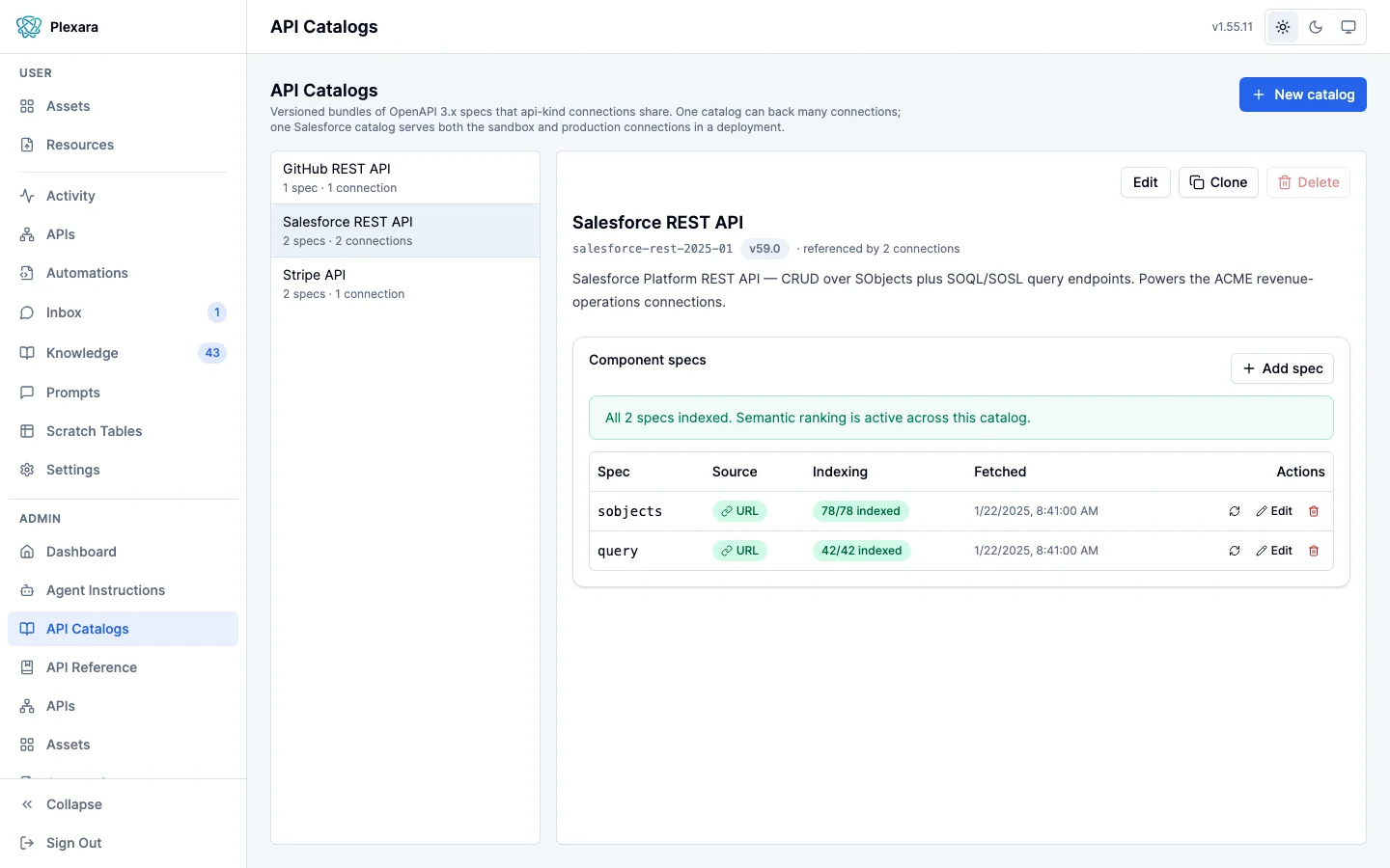 The API Catalogs admin screen with a list of catalogs on the left and a Salesforce REST API catalog open on the right, showing its version, how many connections reference it, a description, and a Component specs table where each spec reports its source, how many operations are indexed, and when it was fetched