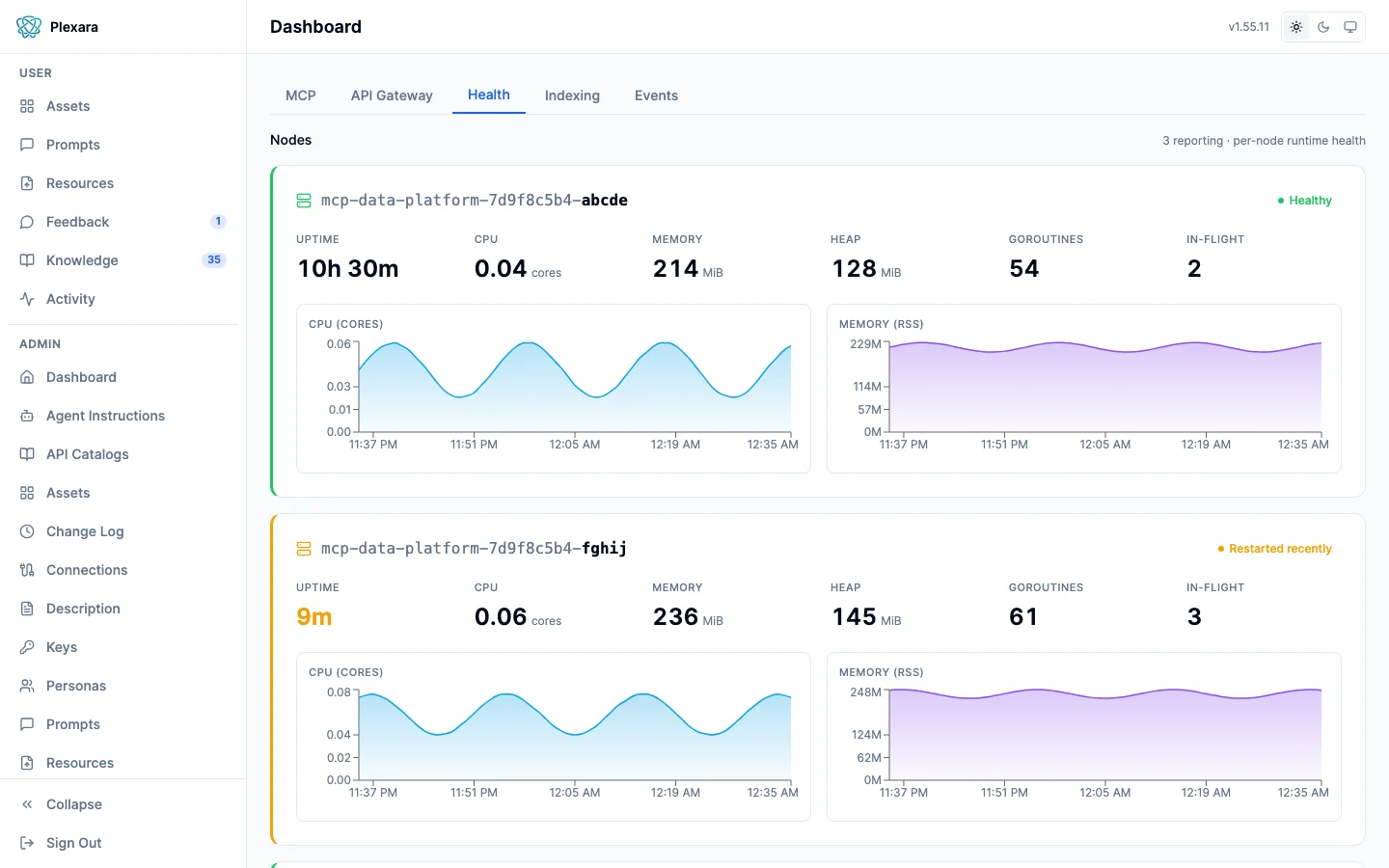 Per-node fleet health with uptime, CPU, memory, heap, and goroutine metrics