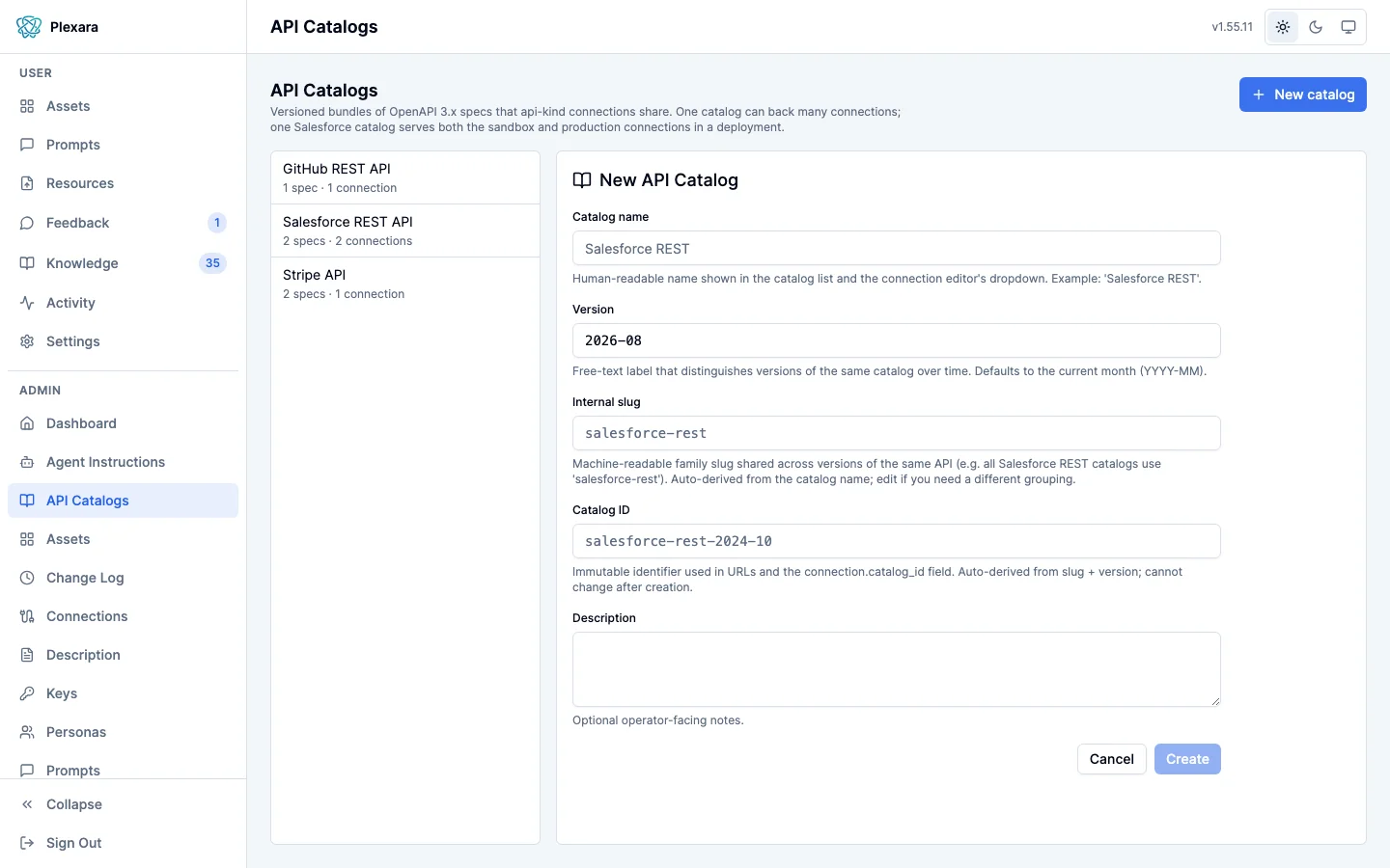 The New API Catalog form in the API Catalogs admin screen, with fields for catalog name, version, internal slug, catalog ID, and description, each followed by a short explanation, and Cancel and Create buttons