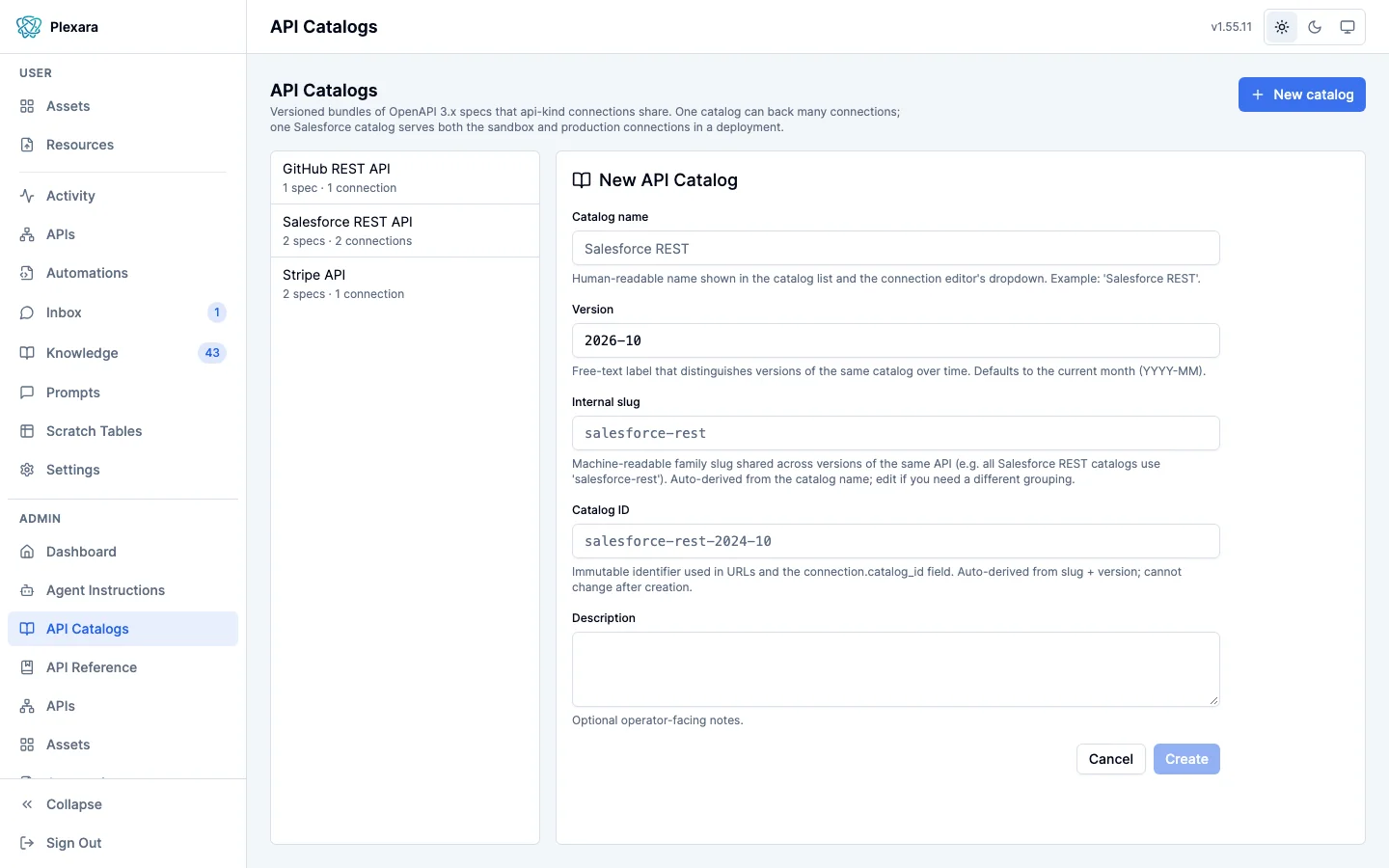 The New API Catalog form in the API Catalogs admin screen, with fields for catalog name, version, internal slug, catalog ID, and description, each followed by a short explanation, and Cancel and Create buttons