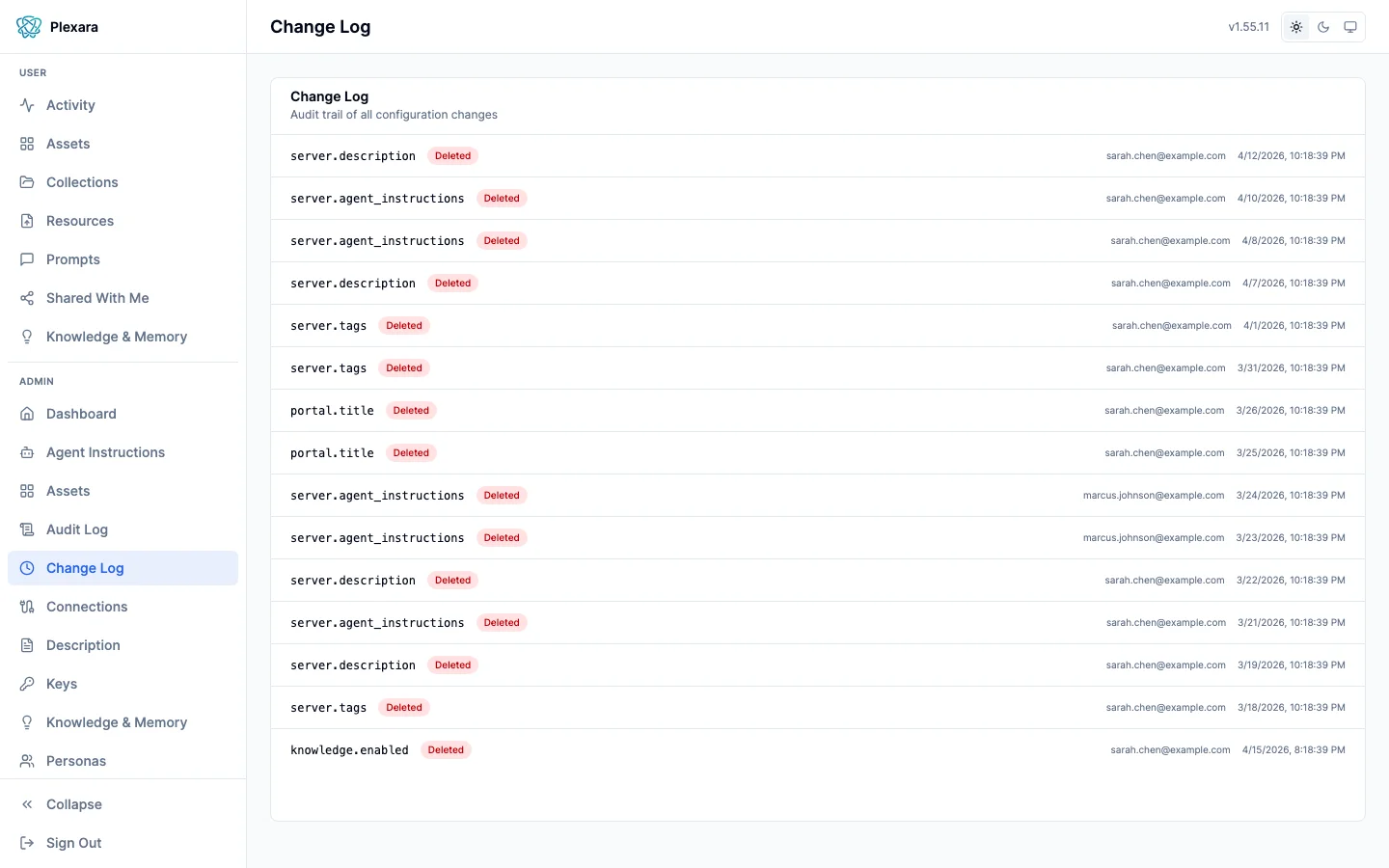 Admin changelog with structured release entries