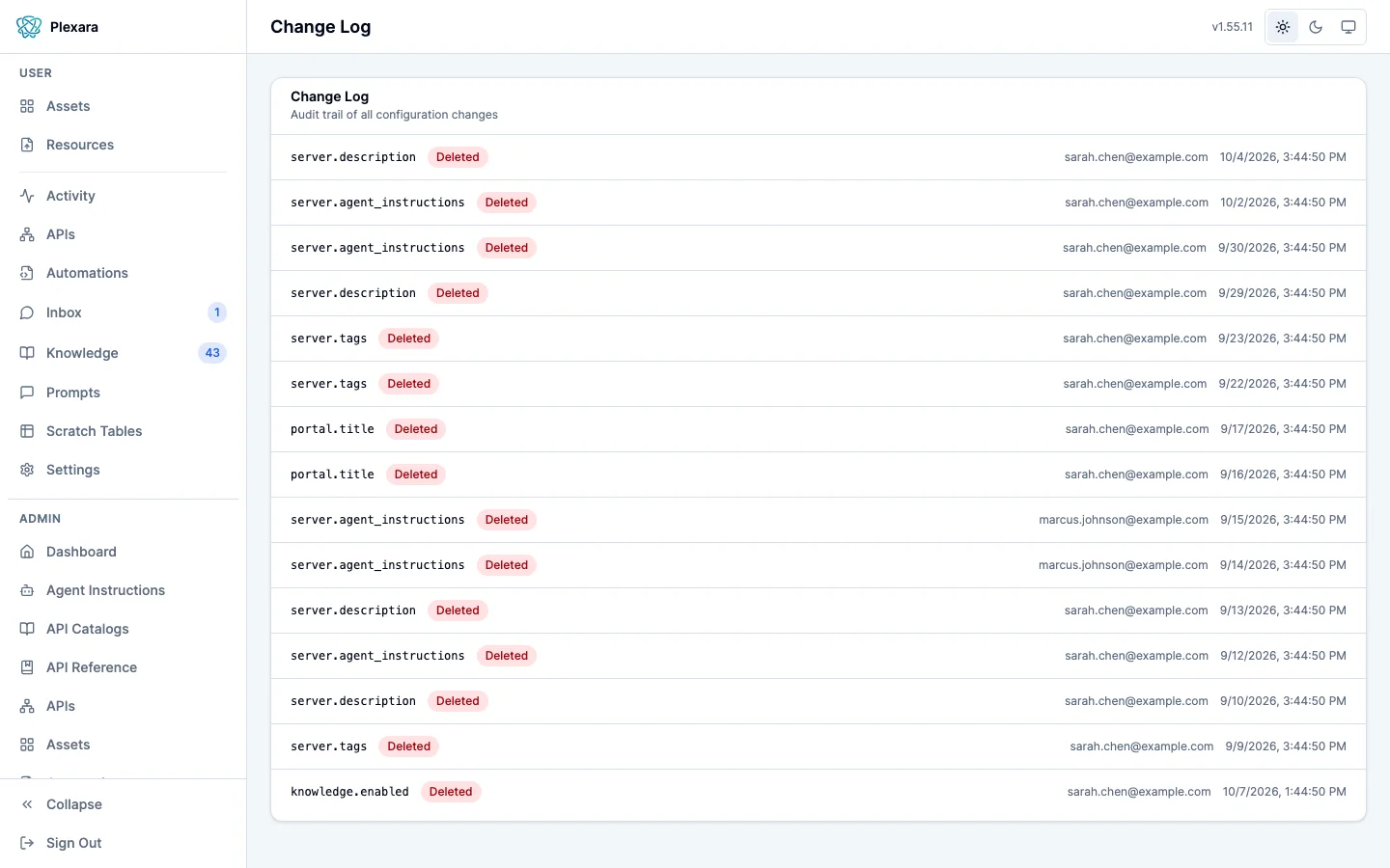 The Change Log admin screen, described as an audit trail of all configuration changes, listing one row per change with the setting that changed, a Deleted badge, the admin who made it, and the date and time