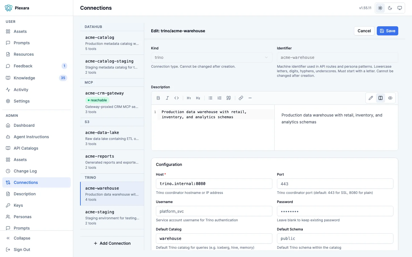 The edit form for an existing Trino connection named acme-warehouse, with the kind and identifier locked, a description reading production data warehouse with retail, inventory, and analytics schemas shown in source and preview, and the Configuration card below with a Save button