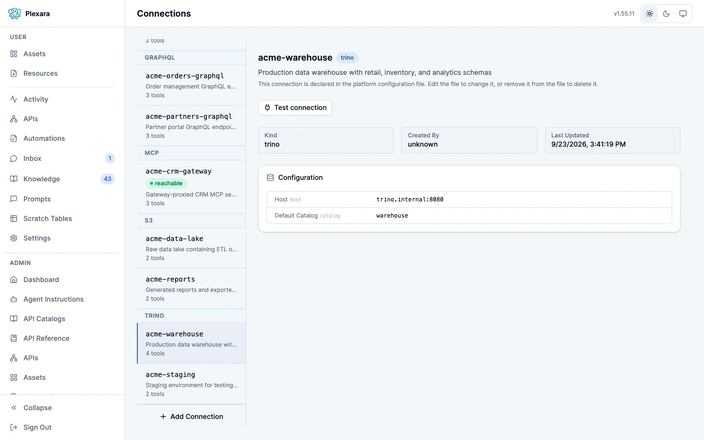 The edit form for an existing Trino connection named acme-warehouse, with the kind and identifier locked, a description reading production data warehouse with retail, inventory, and analytics schemas shown in source and preview, and the Configuration card below with a Save button