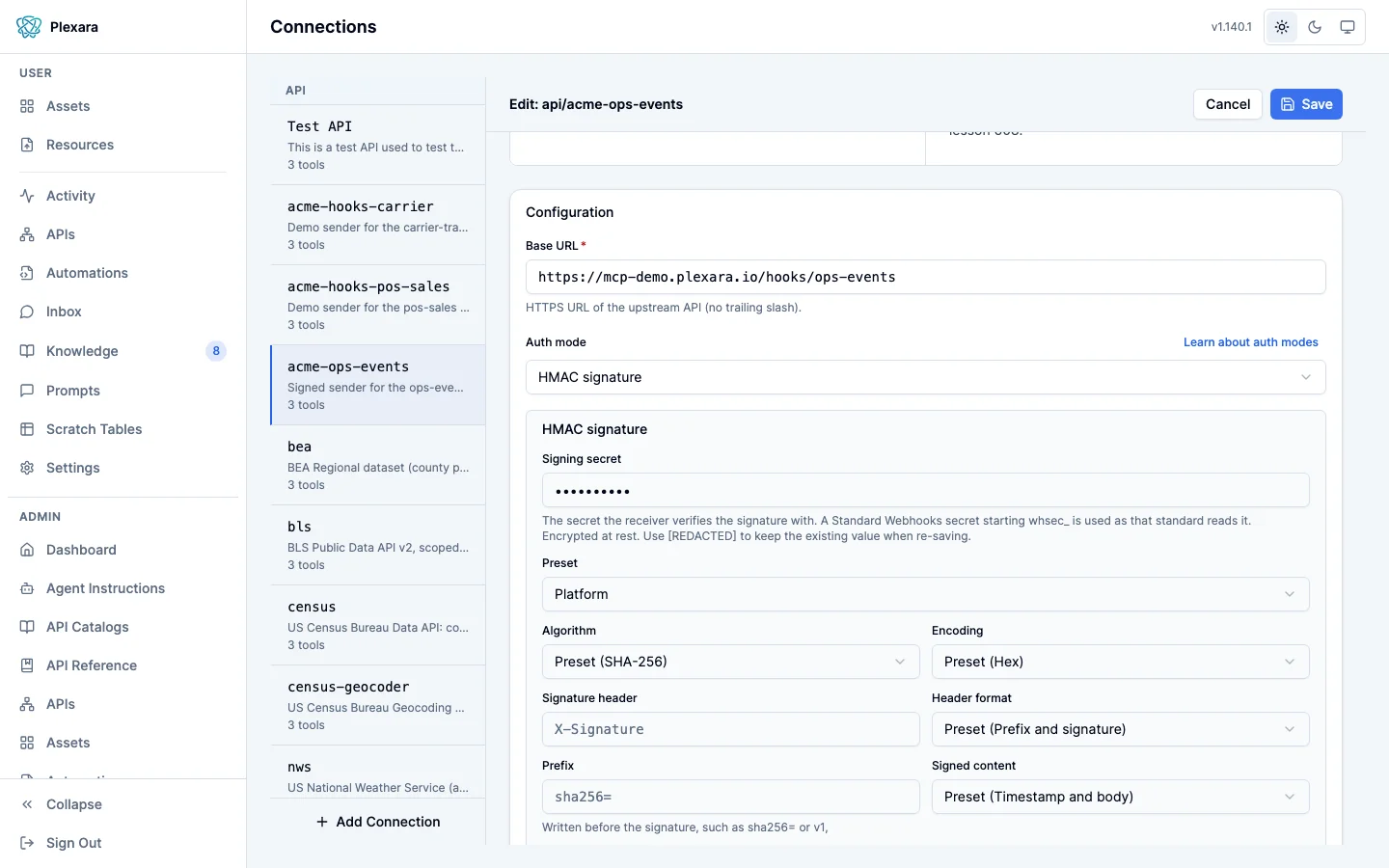 The acme-ops-events API connection open in the editor: base URL https://mcp-demo.plexara.io/hooks/ops-events, Auth mode HMAC signature, a masked signing secret, the Platform preset, SHA-256 algorithm and hex encoding, an X-Signature header with the sha256= prefix, and the timestamp and body as the signed content.